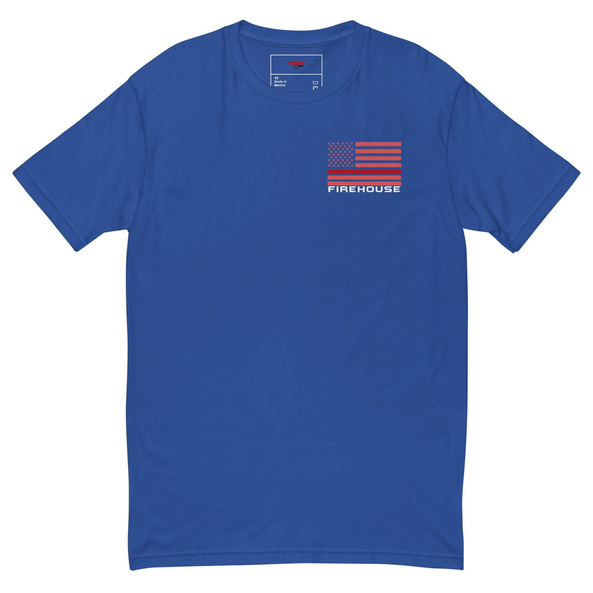 Blue short sleeve t-shirt featuring an American flag and 