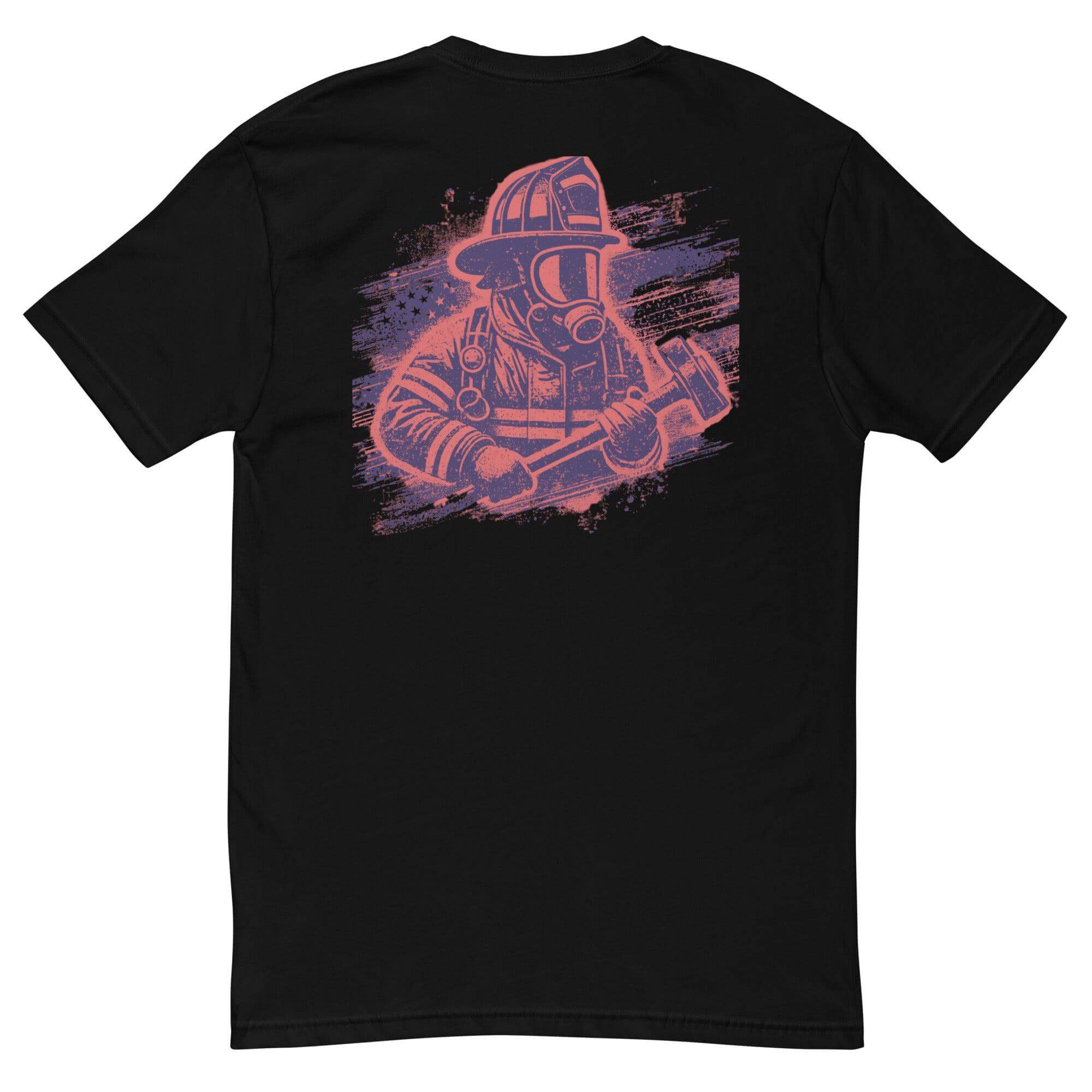 Black t-shirt featuring a firefighter graphic, ideal for firefighter apparel and gifts. Comfortable and stylish for everyday wear.