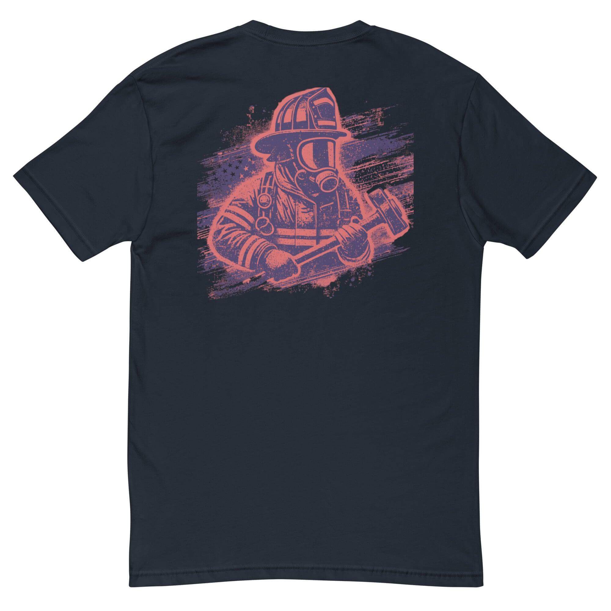 Short sleeve t-shirt featuring a graphic of a firefighter with a helmet and axe on a dark background. Perfect for firefighter apparel.