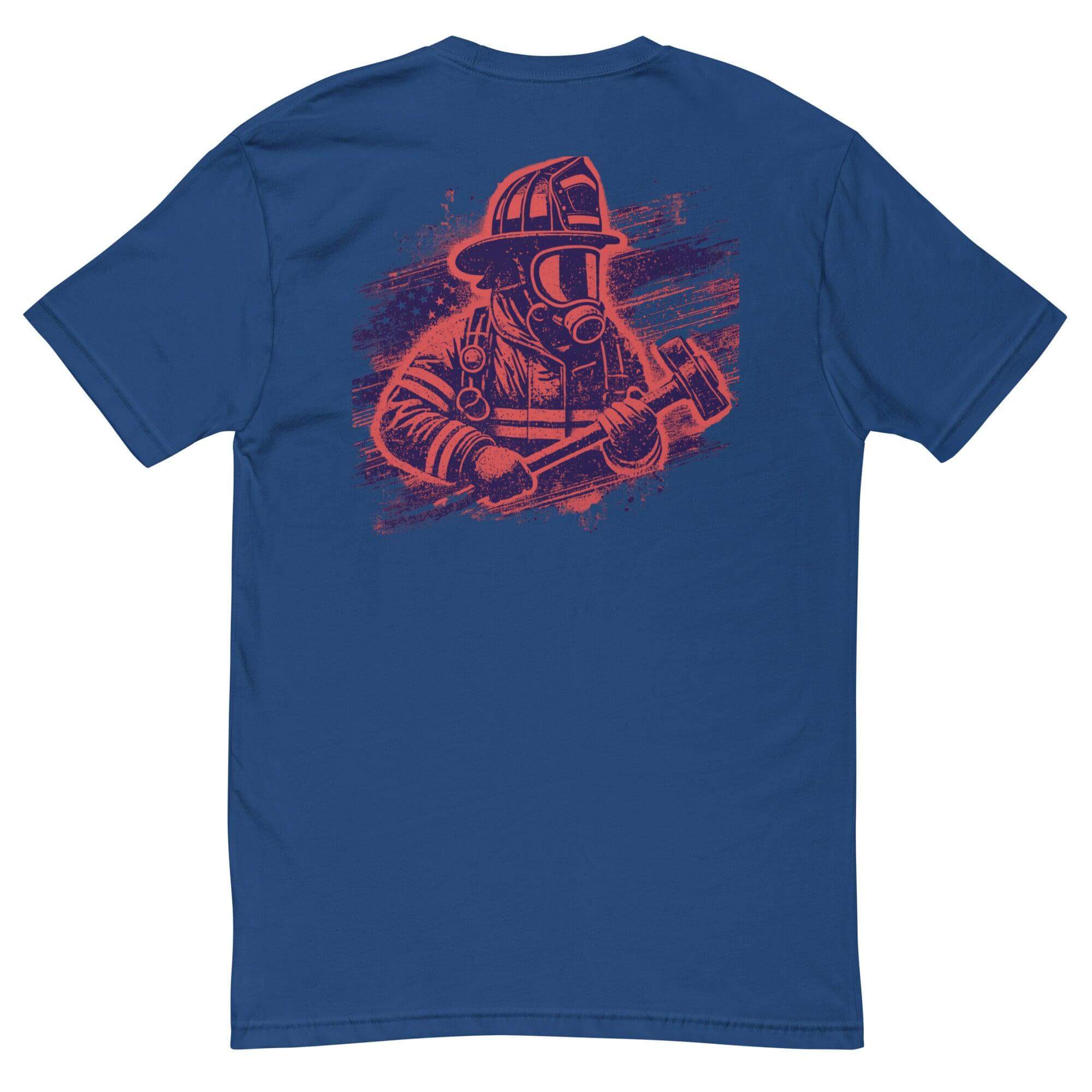 Short sleeve navy blue t-shirt featuring a firefighter graphic design with an axe on the back, perfect for firefighter apparel.