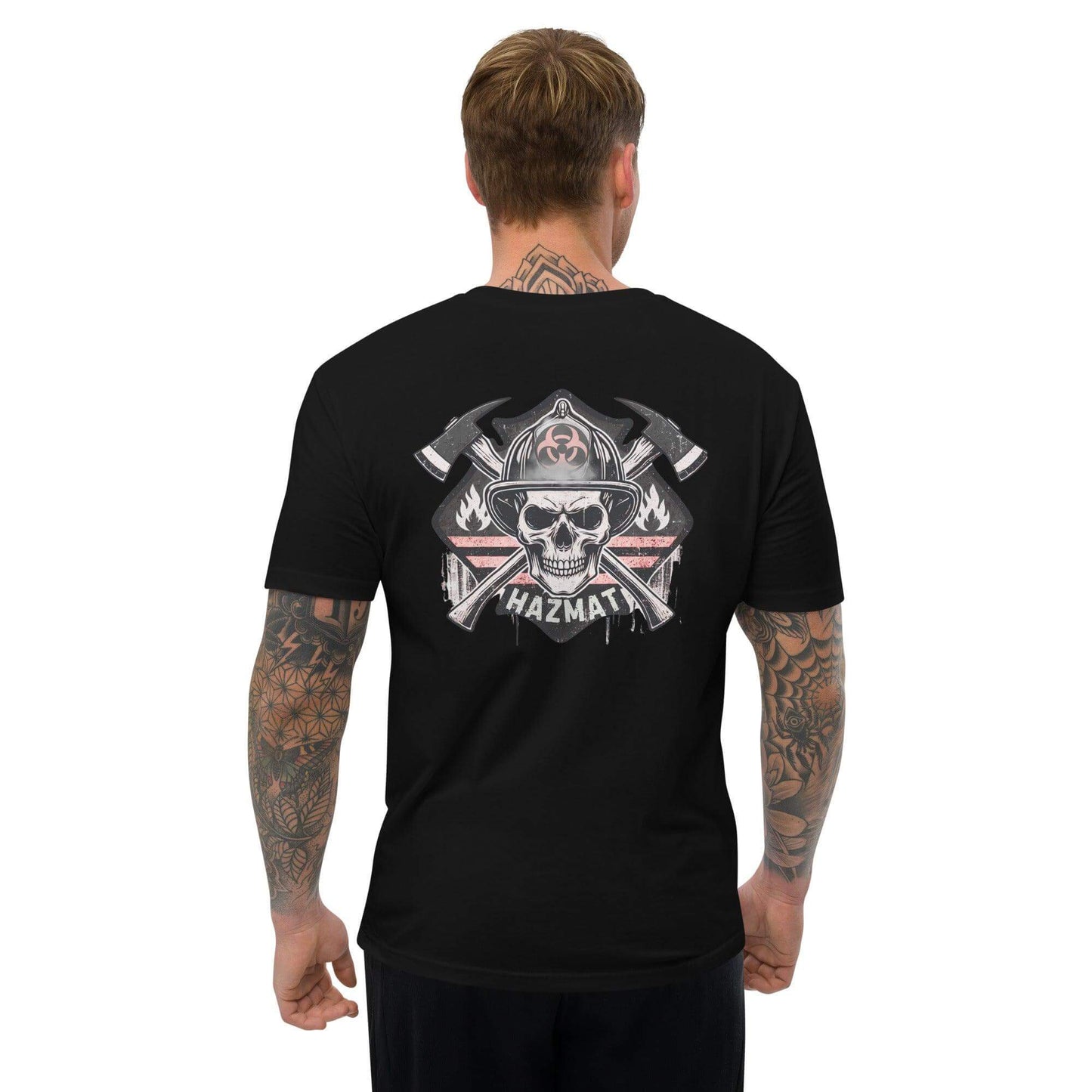 Black short sleeve t-shirt with skull and crossed axes design, ideal for firefighter apparel and gear enthusiasts.