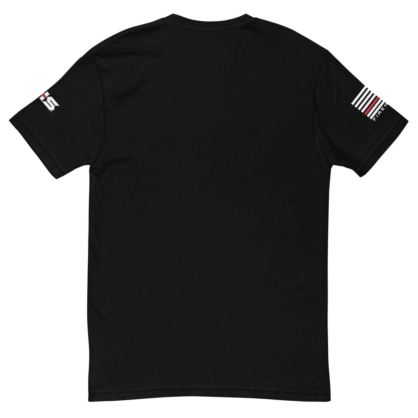 Back view of a black short sleeve t-shirt featuring firefighter-themed design and comfortable fit, perfect for apparel lovers.