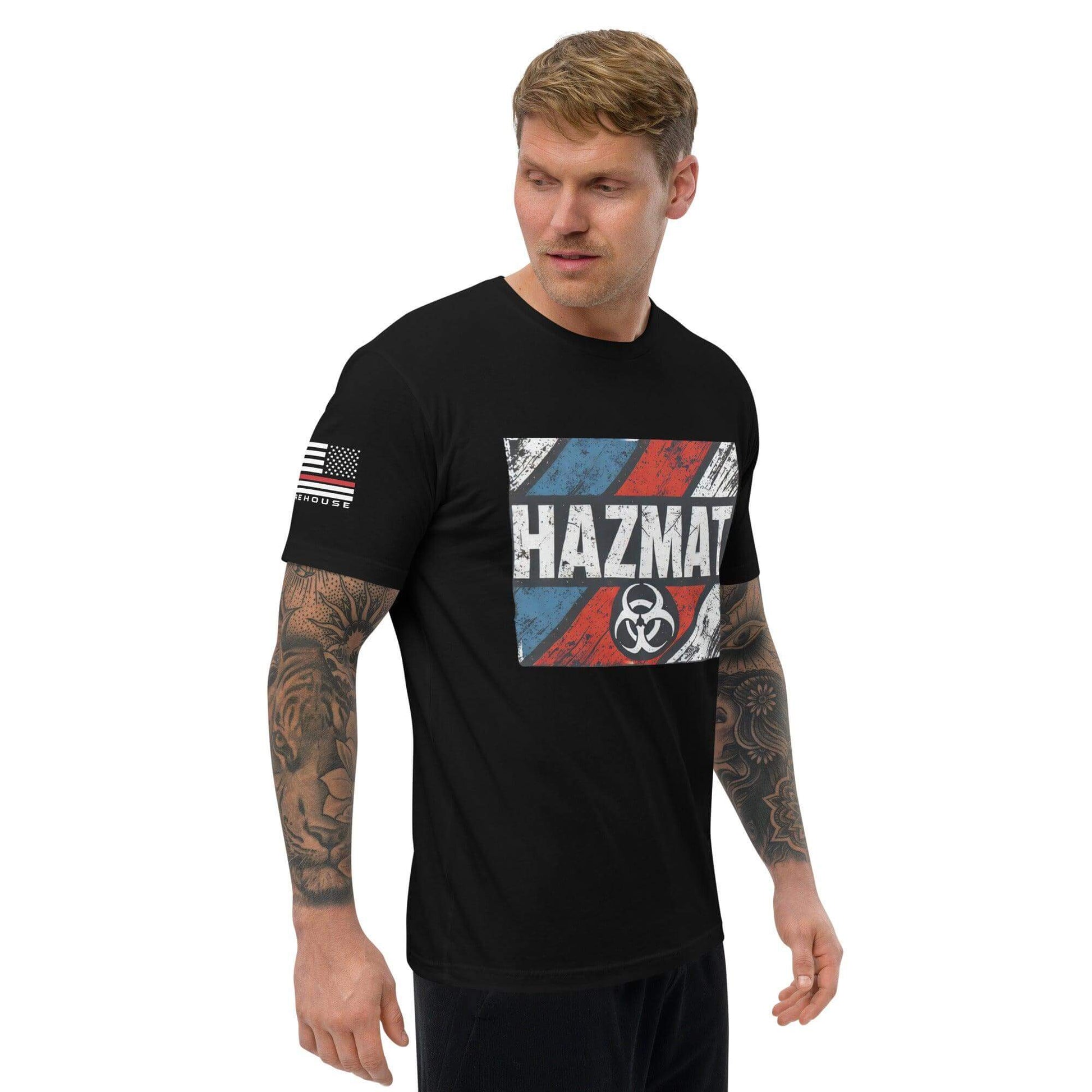 Black short sleeve t-shirt with "HAZMAT" graphic and American flag design, perfect for firefighters and emergency responders.