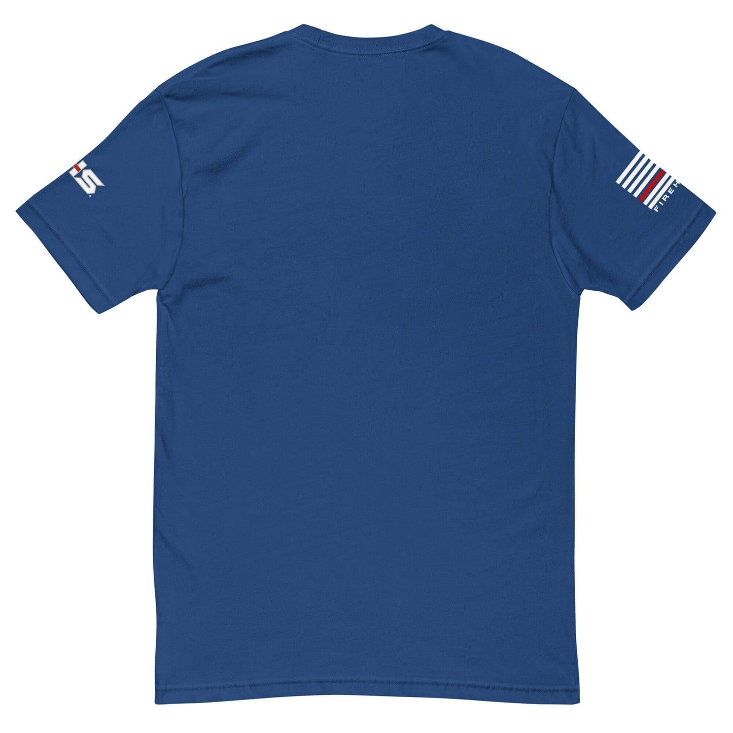 Back view of a blue short sleeve t-shirt featuring firefighter-themed design, perfect for firefighter apparel and gifts.