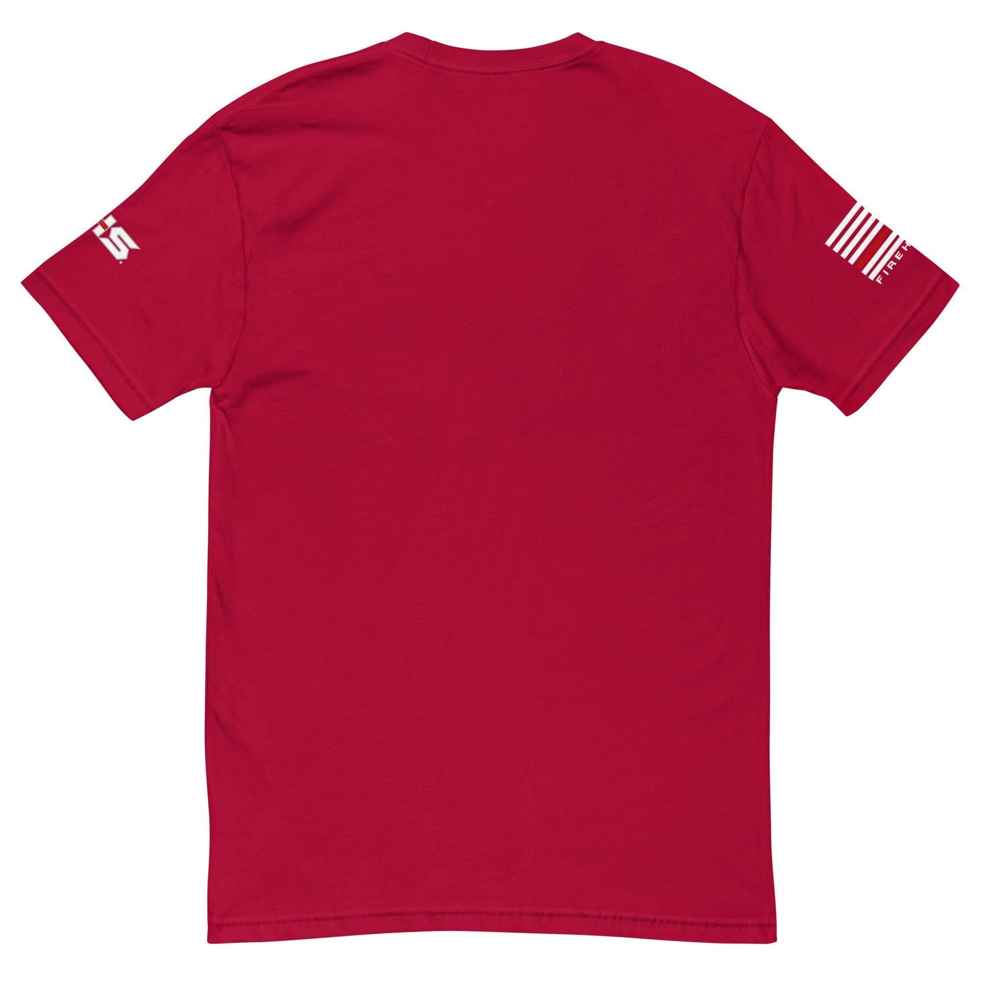 Back view of a red short sleeve t-shirt, showcasing soft fabric and comfortable fit, perfect for firefighter apparel.