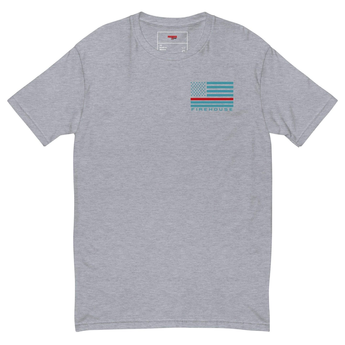 Short sleeve heather grey t-shirt featuring a firefighter-themed graphic and the word "FIREHOUSE." Ideal for firefighter apparel.