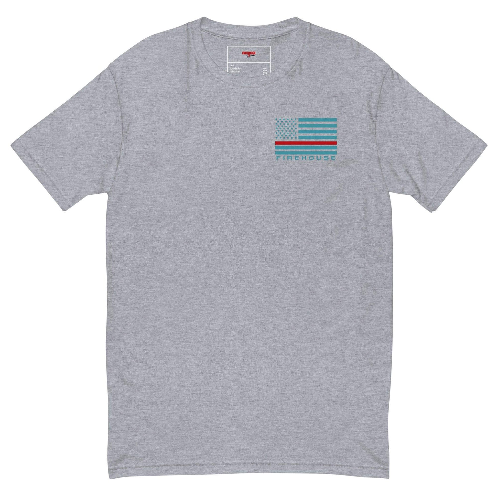 Short sleeve heather grey t-shirt featuring a firefighter-themed graphic and the word "FIREHOUSE." Ideal for firefighter apparel.