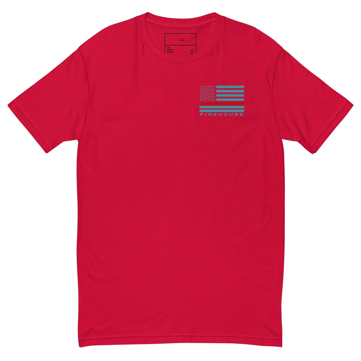 Red short sleeve t-shirt with firefighter flag design, perfect for firehouse gifts and firefighter apparel.