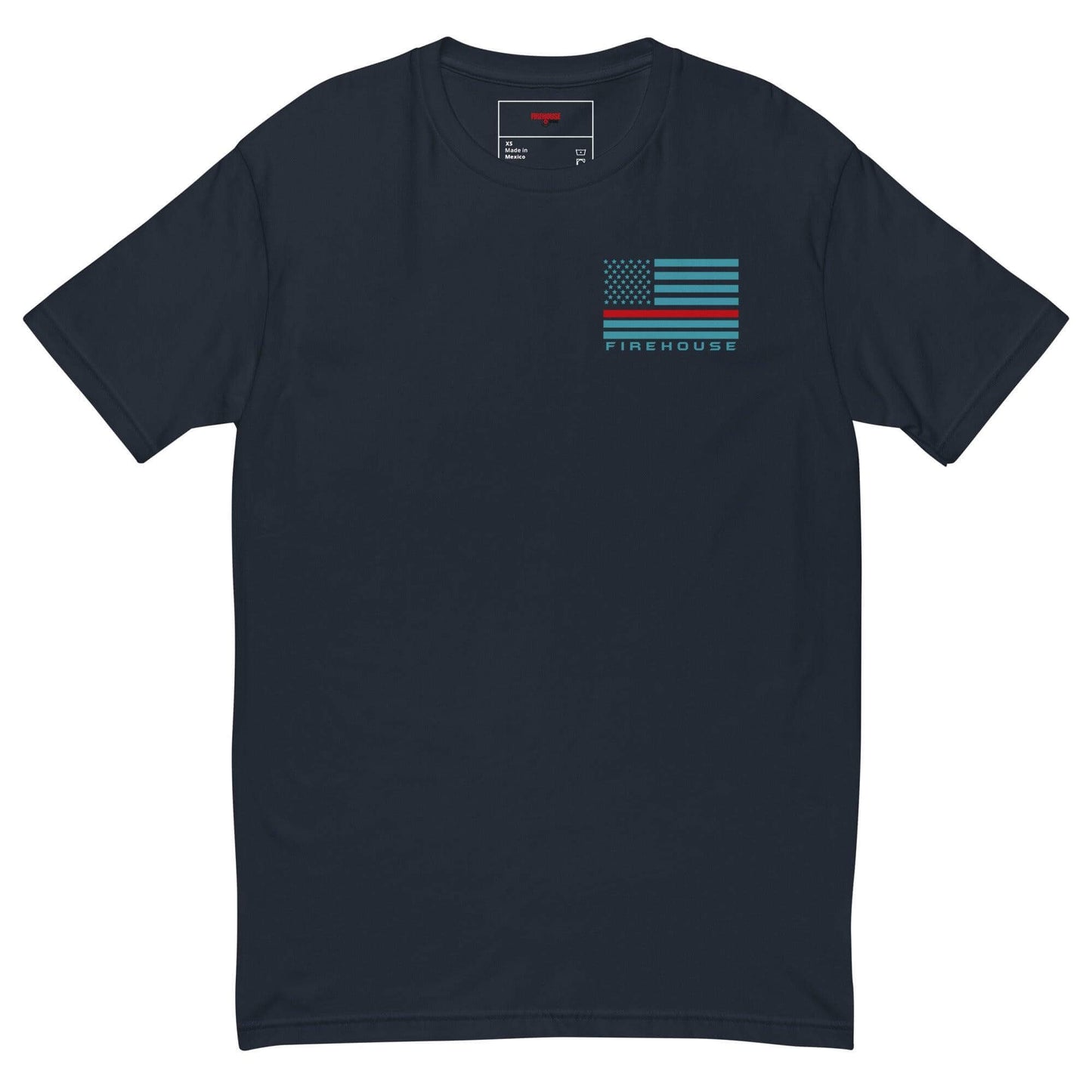 Navy short sleeve t-shirt with a firehouse graphic and American flag design, ideal firefighter apparel and gifts.