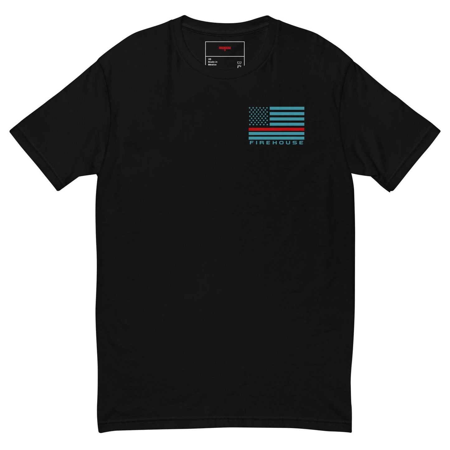 Black short sleeve t-shirt featuring a colorful Firehouse graphic with an American flag design, perfect for firefighter apparel.