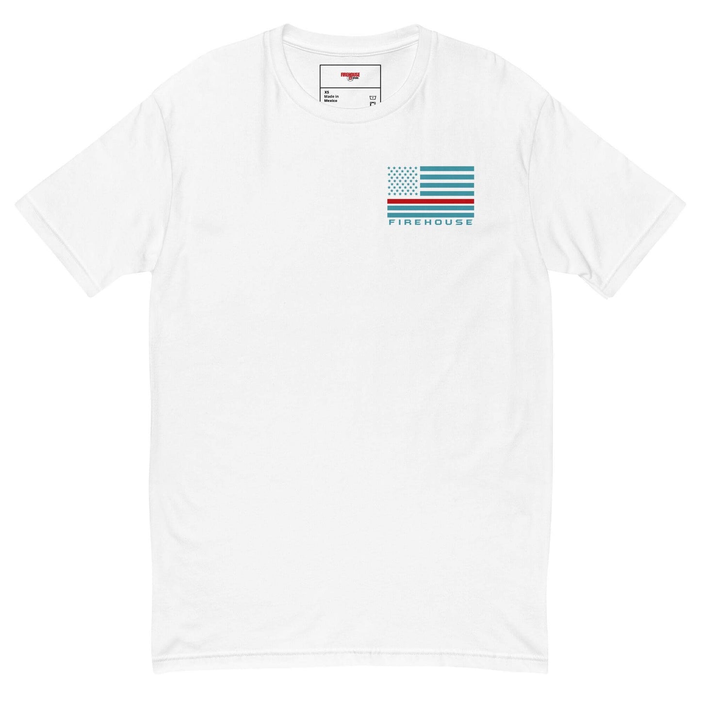 Comfortable white short sleeve t-shirt featuring a flag and "FIREHOUSE" graphic, ideal for firefighter apparel and gifts.