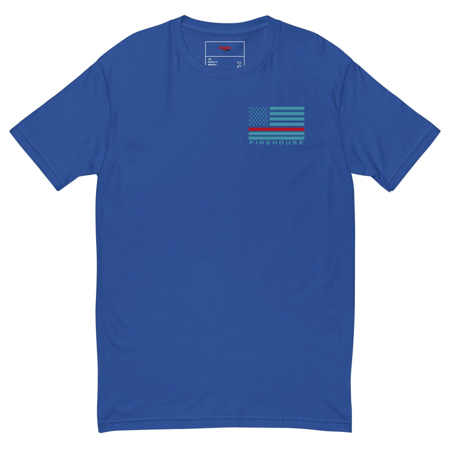 Short sleeve blue t-shirt featuring a firehouse flag design, perfect for firefighter gifts and apparel.