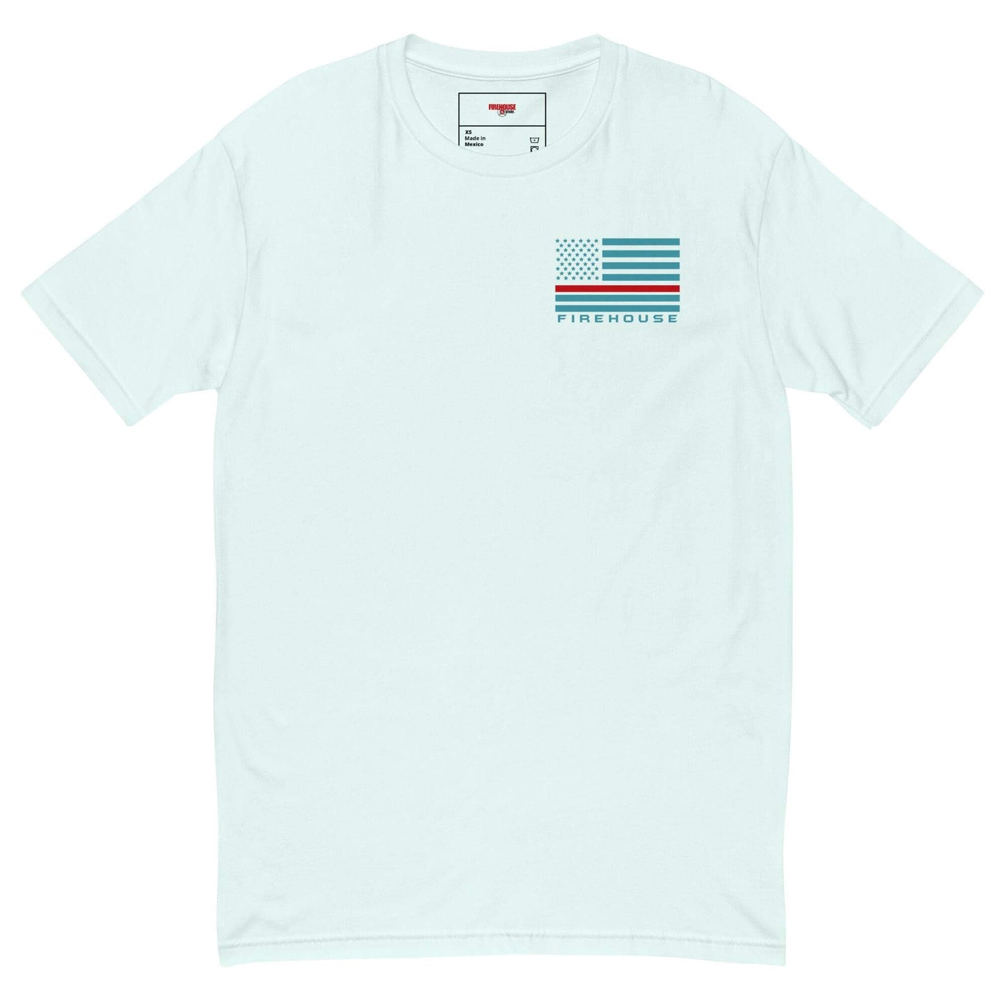 Short sleeve t-shirt in mint color featuring "FIREHOUSE" graphic and American flag, perfect for firefighter gifts and apparel.