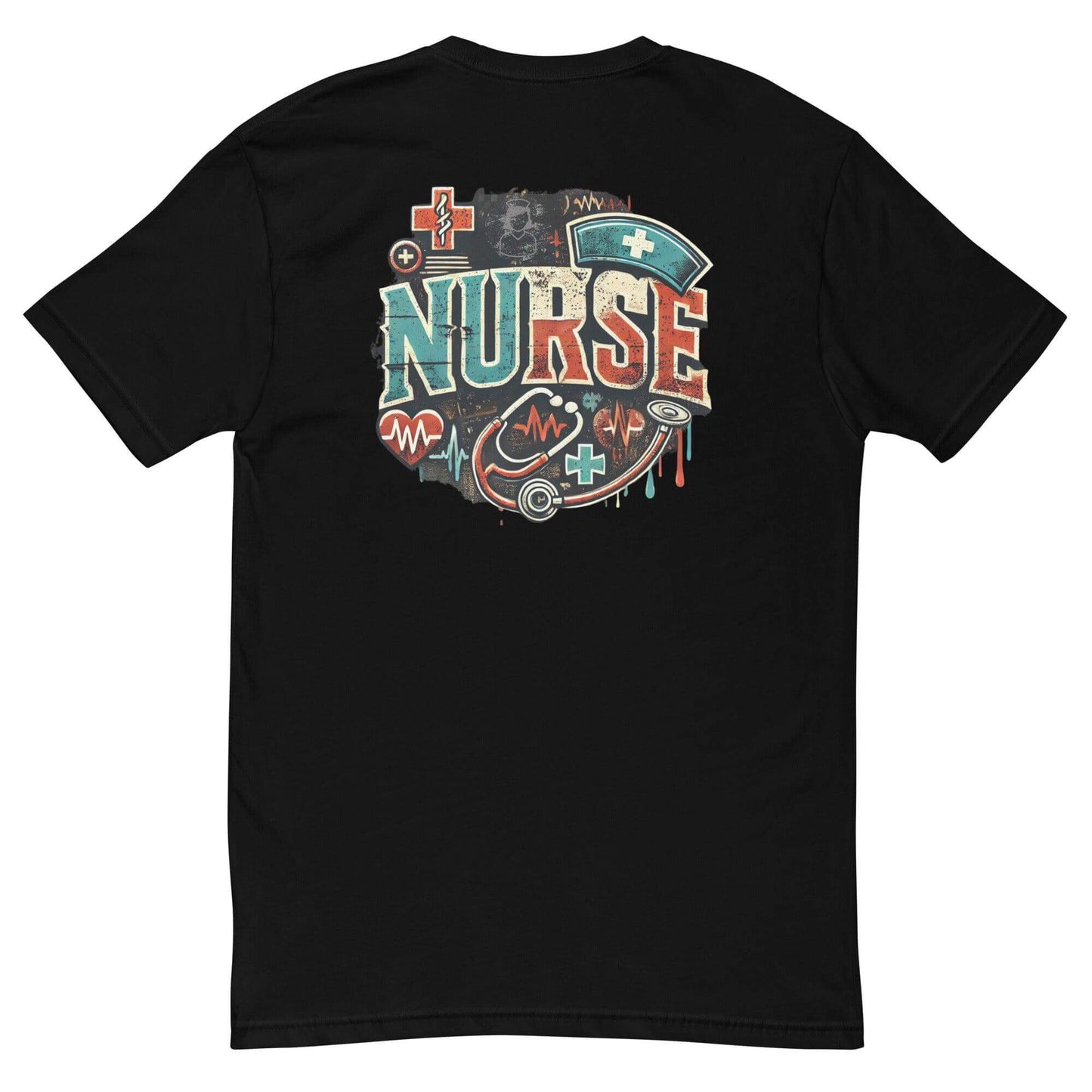 Black t-shirt featuring a colorful nurse design with medical symbols, perfect for healthcare professionals.