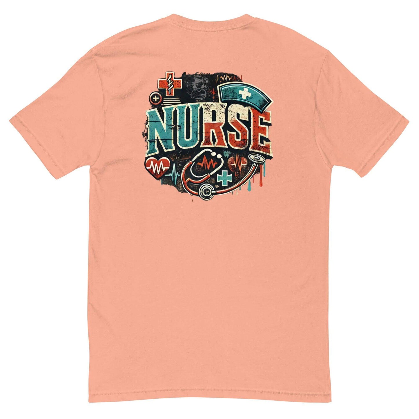 Nurse-themed graphic t-shirt in peach color featuring medical symbols and heartbeat design on the back.