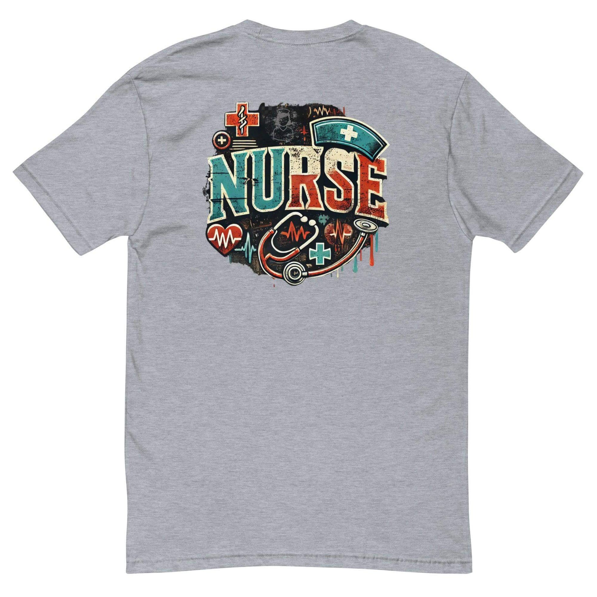 Back view of a grey t-shirt featuring a colorful "NURSE" graphic with medical symbols, ideal for nurse apparel gifts.