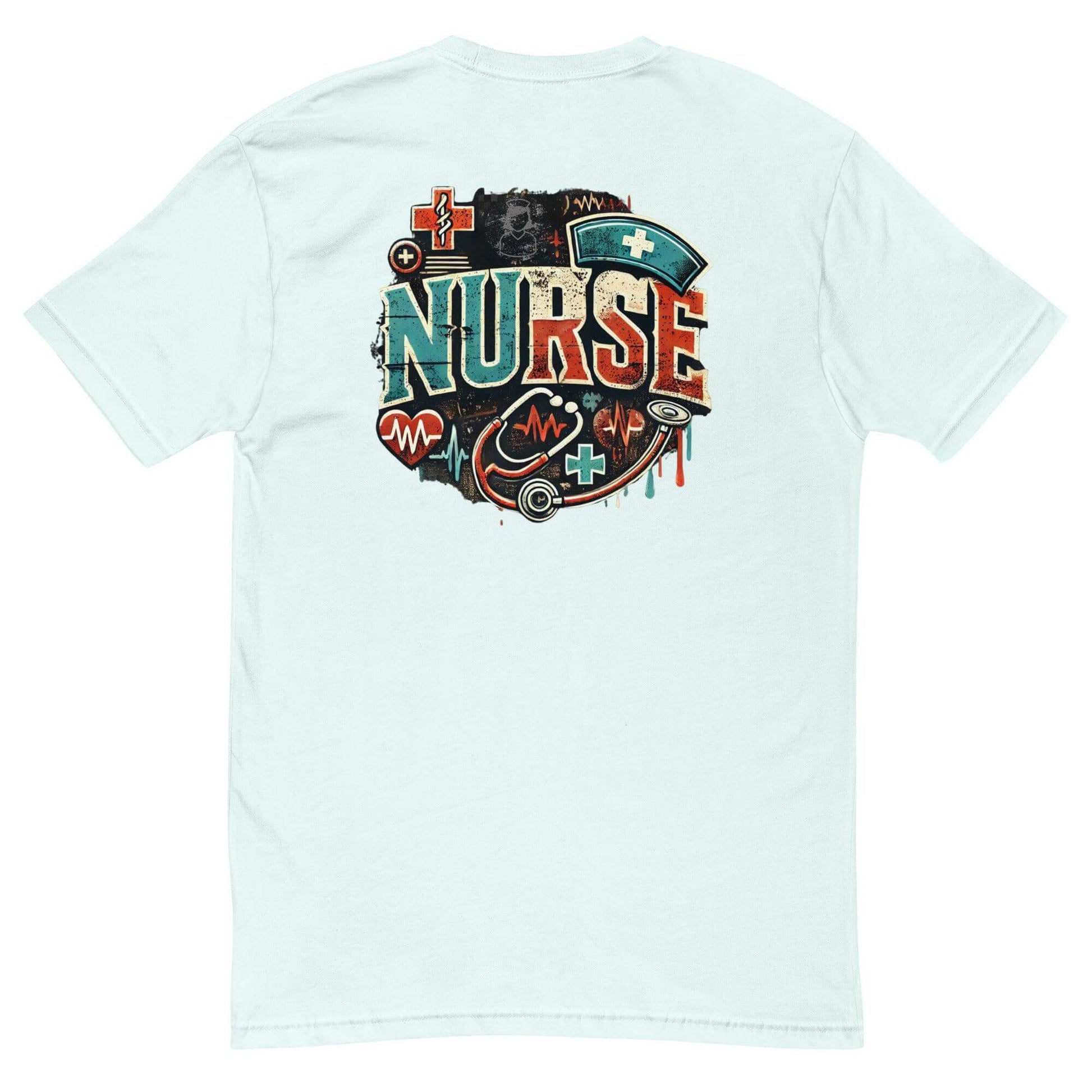 Graphic mint t-shirt featuring bold "NURSE" design with medical icons, perfect gift for healthcare professionals.