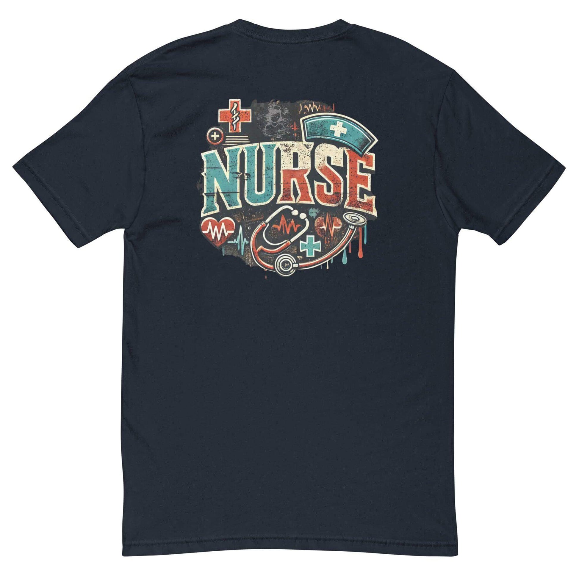 Black t-shirt with colorful nurse graphic design on the back, showcasing medical symbols and vibrant lettering.