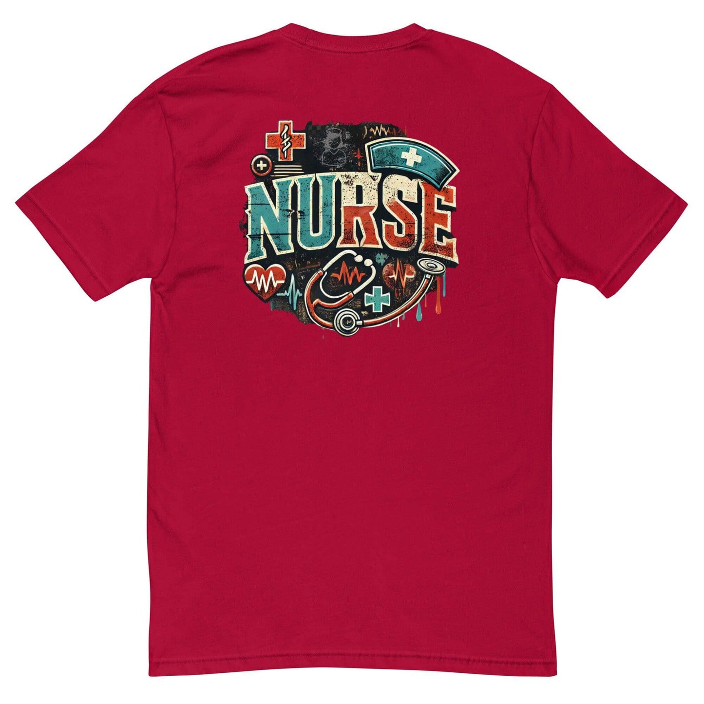 Red t-shirt featuring a vibrant "NURSE" graphic with medical symbols and designs, ideal for healthcare professionals.