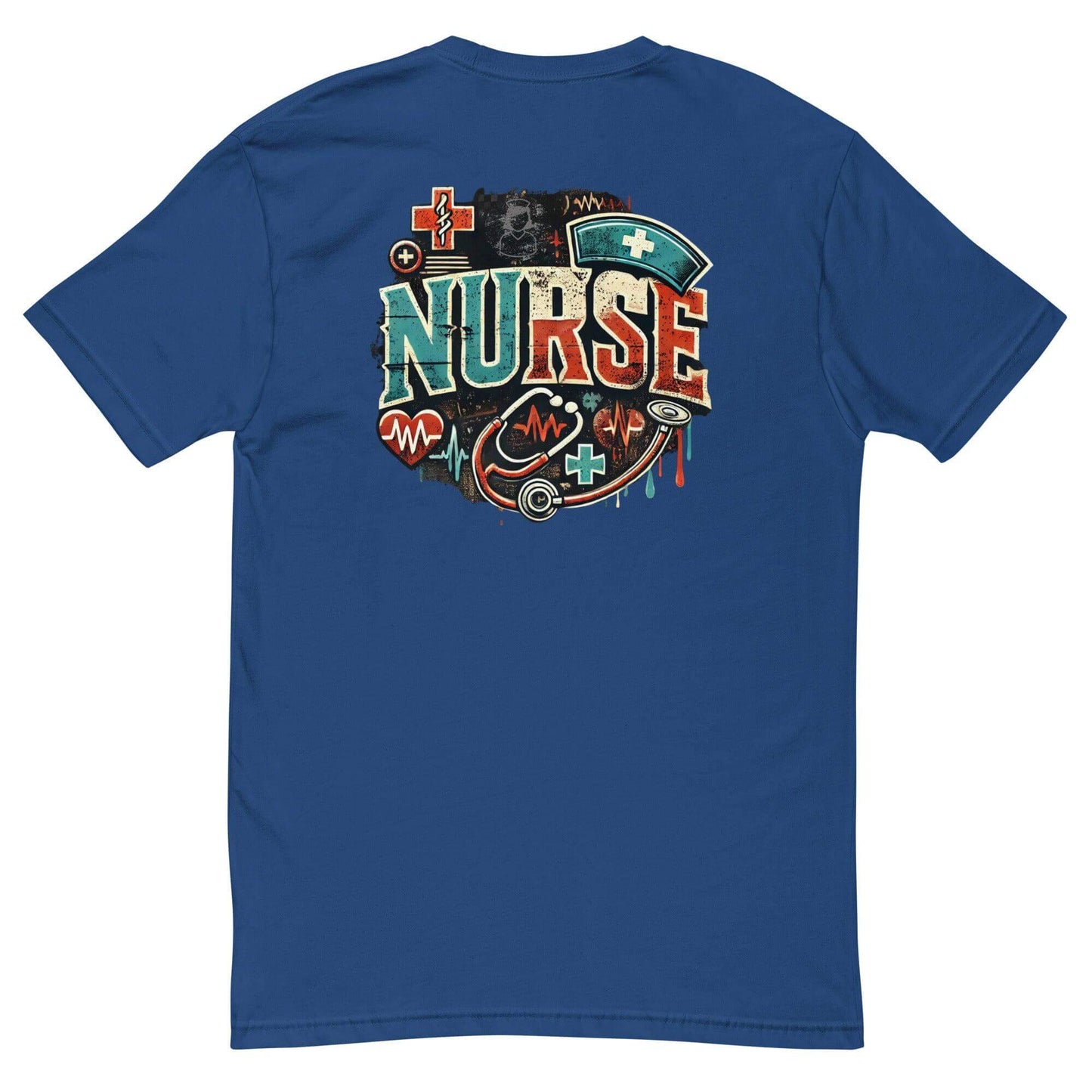 Blue t-shirt featuring a colorful "NURSE" graphic, perfect for healthcare professionals and nurse gifts.