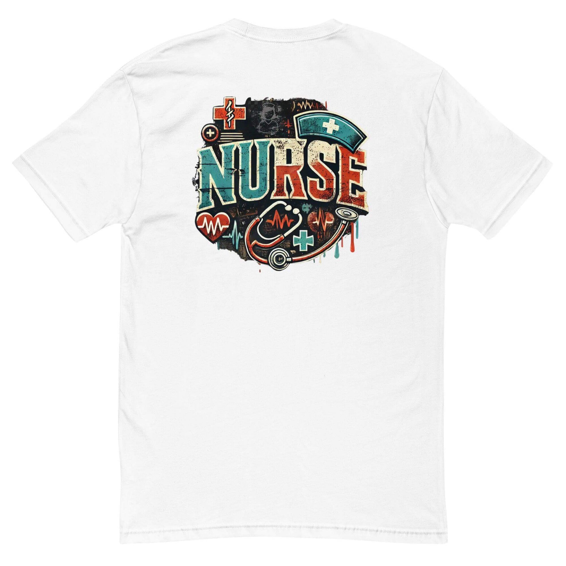 Graphic white t-shirt featuring colorful "NURSE" design with medical symbols and heartbeat lines on the back.