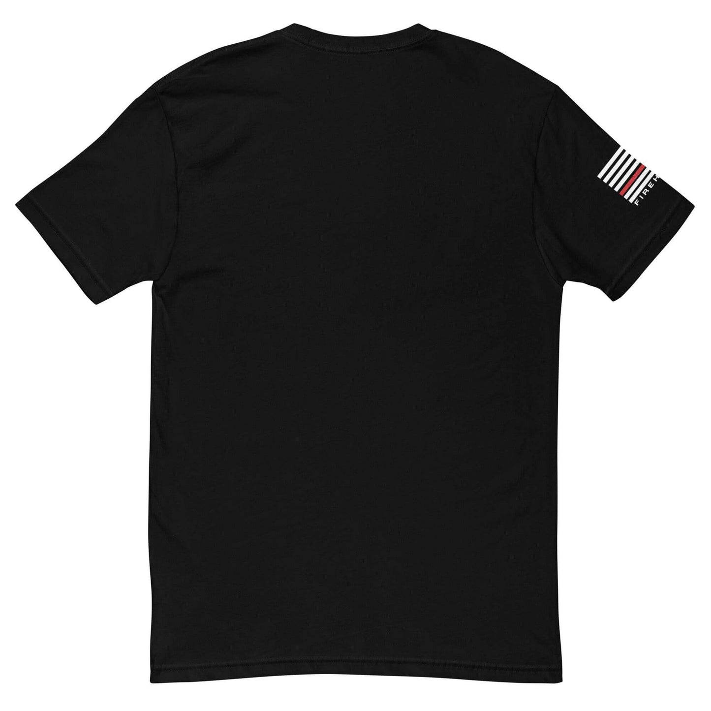 Back view of a black short sleeve t-shirt featuring a firefighter graphic on the sleeve, perfect for firefighter gifts and apparel.