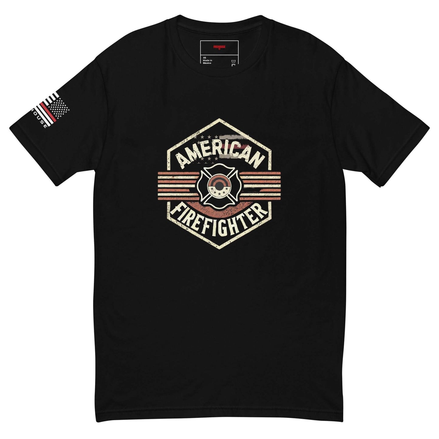 Black short sleeve t-shirt featuring "American Firefighter" graphic and flag on sleeve, perfect firefighter apparel gift.