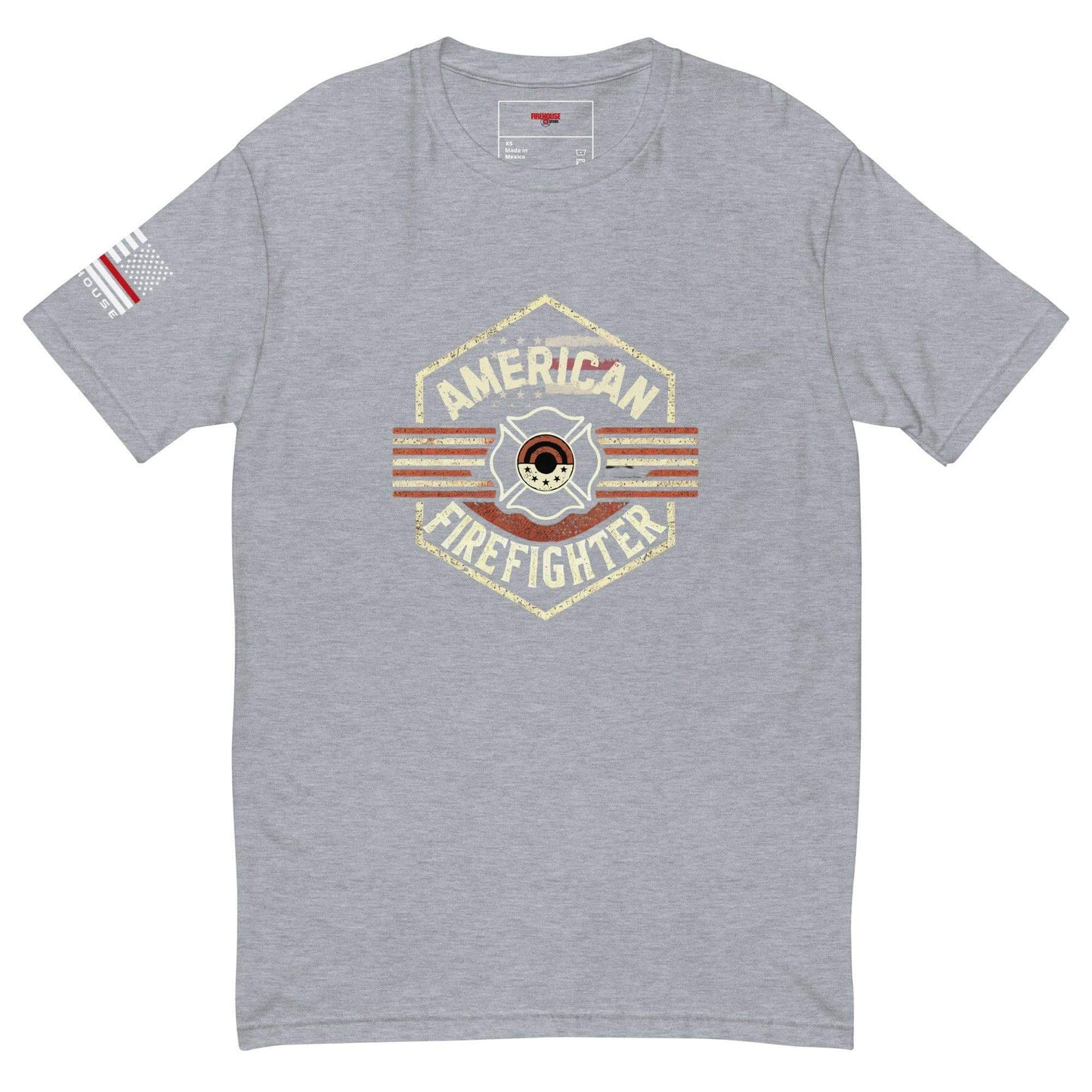 Grey short sleeve t-shirt with "American Firefighter" graphic and American flag emblem, perfect for firefighter apparel gifts.