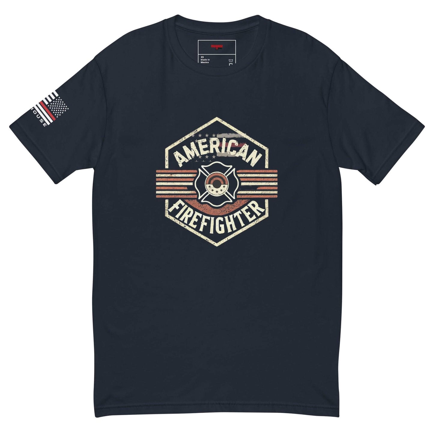 American Firefighter graphic t-shirt with vintage design and American flag detail. Perfect for firefighter apparel and gifts.