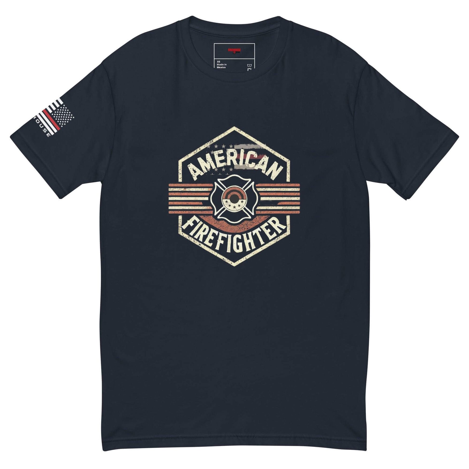 American Firefighter graphic t-shirt with vintage design and American flag detail. Perfect for firefighter apparel and gifts.