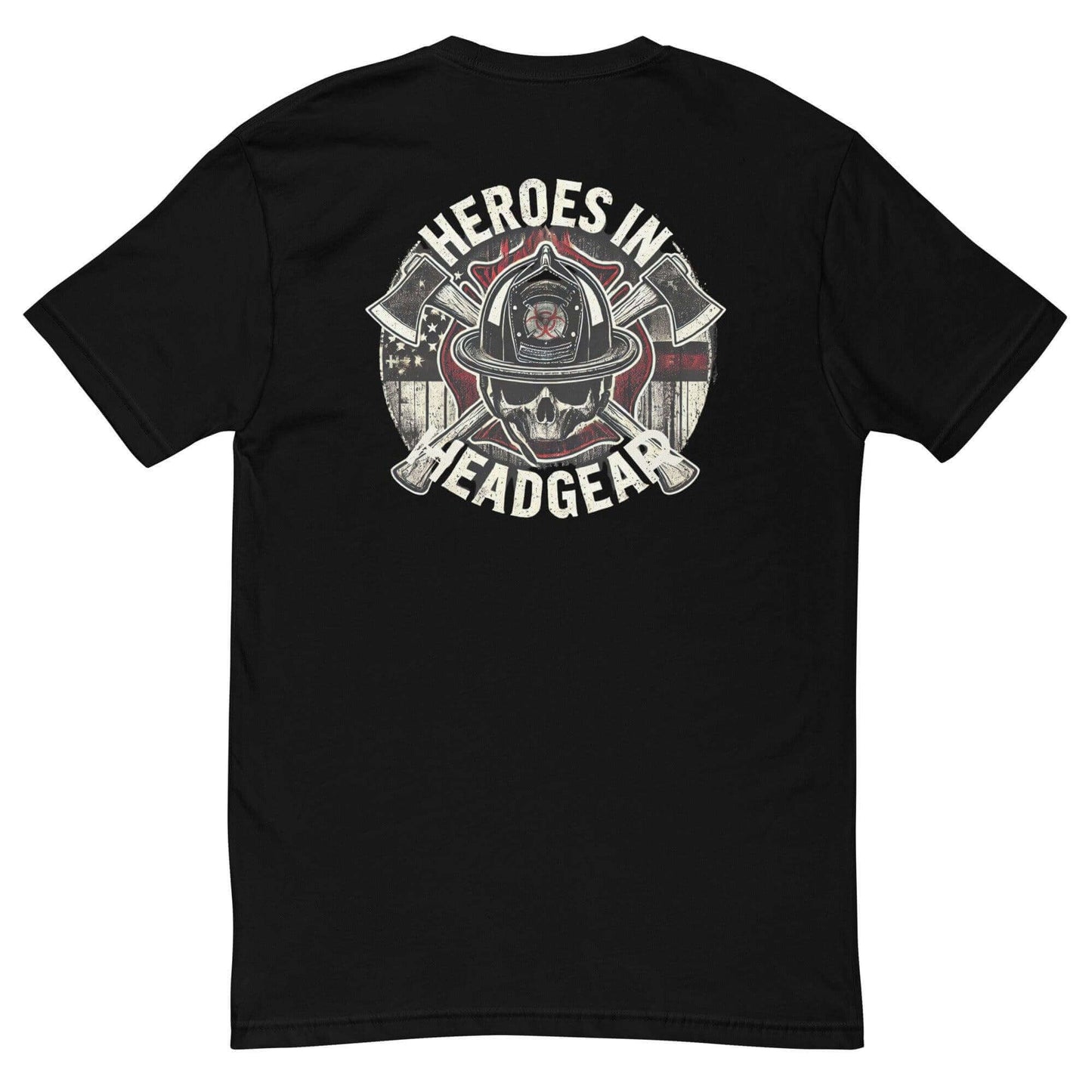 Black t-shirt featuring "Heroes in Headgear" graphic, perfect for firefighter gifts and apparel.