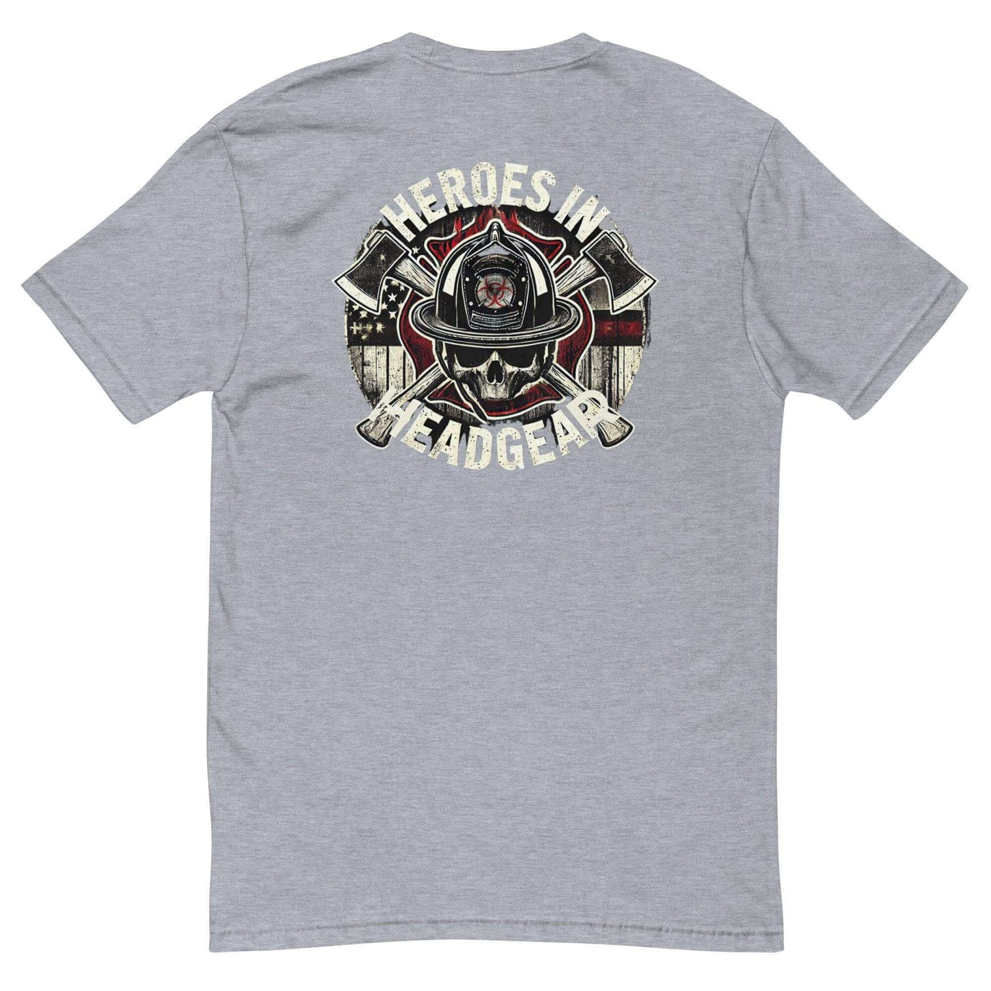 Back view of a grey short sleeve t-shirt featuring "Heroes in Headgear" design, ideal for firefighter apparel and gifts.