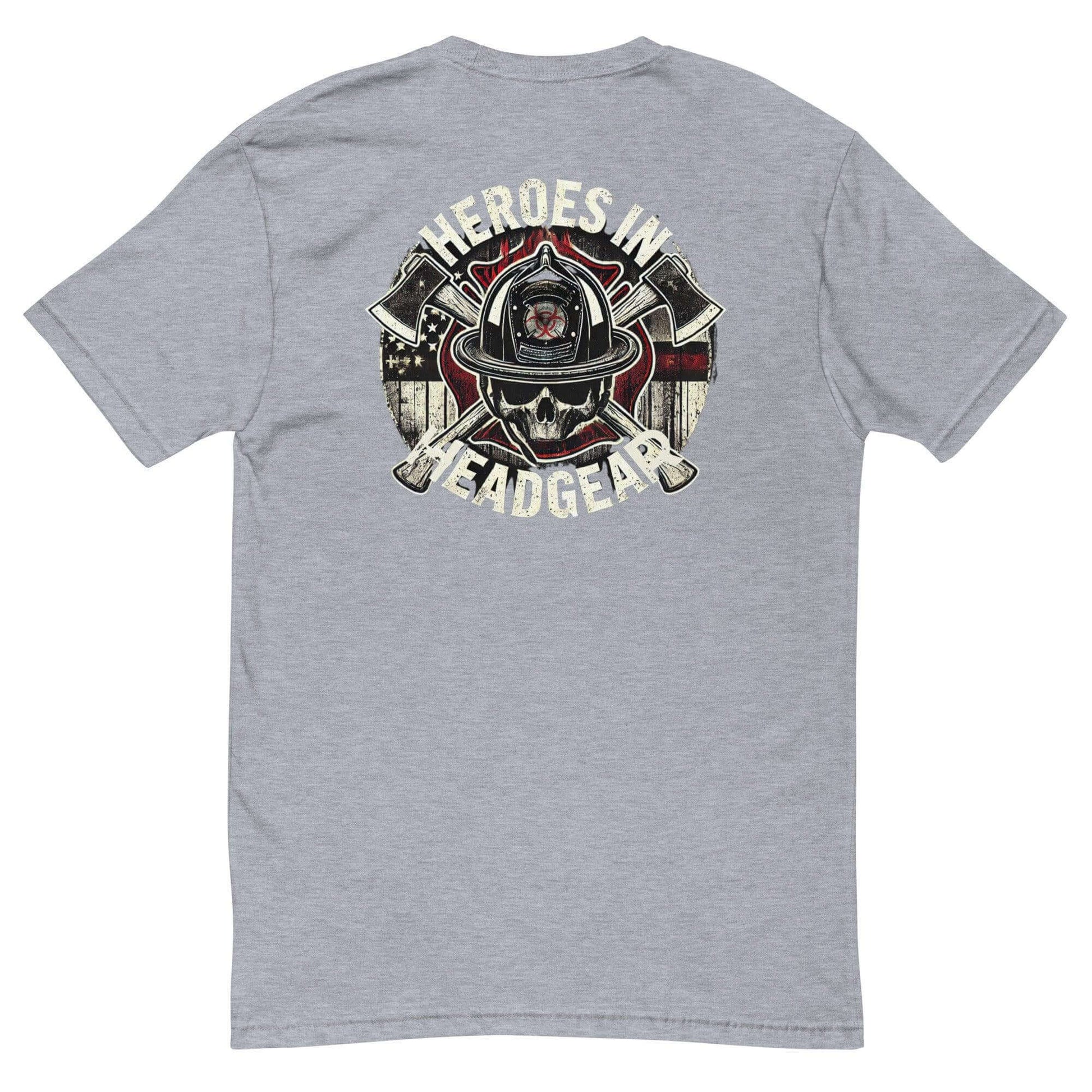 Back view of a grey short sleeve t-shirt featuring "Heroes in Headgear" design, ideal for firefighter apparel and gifts.