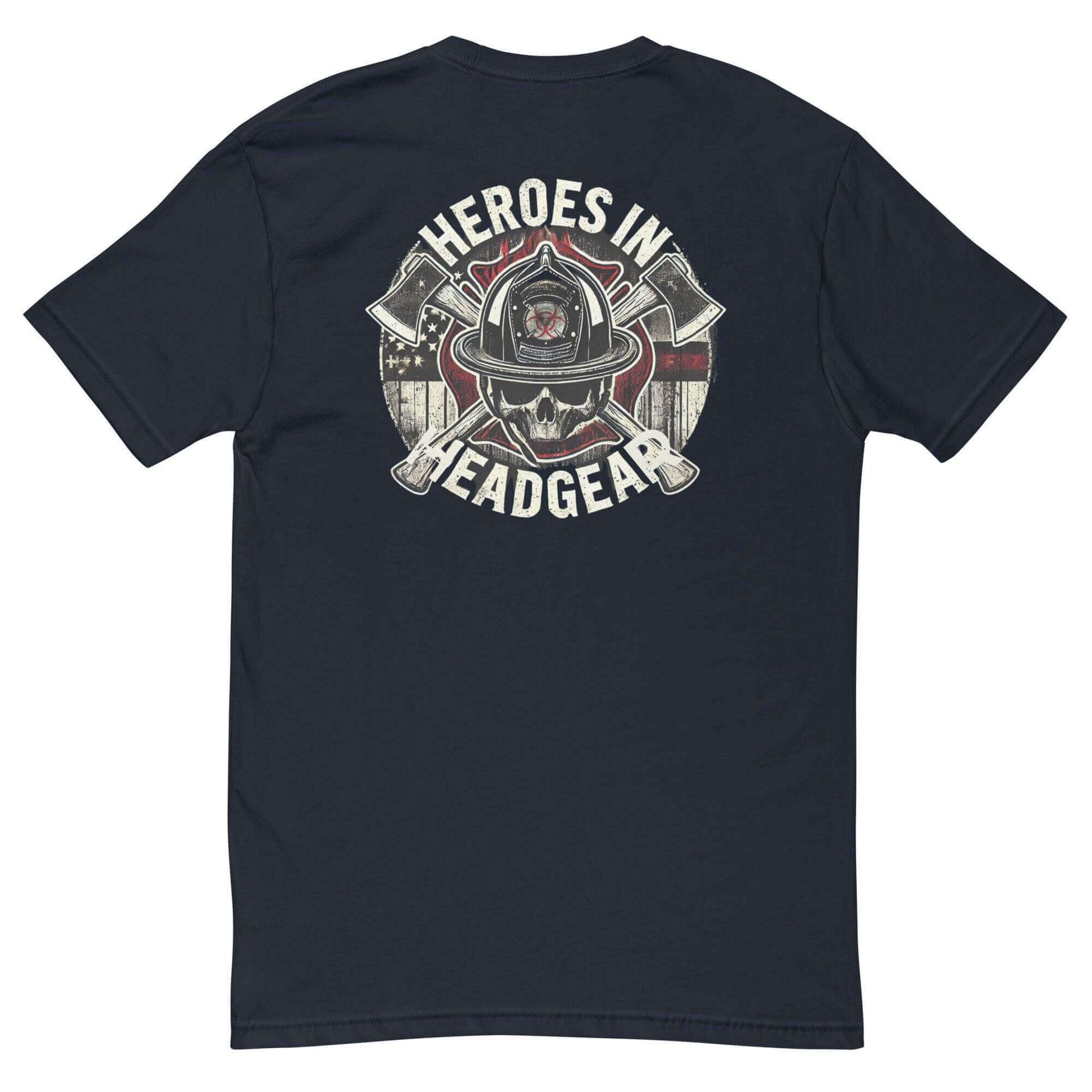 Back view of a black t-shirt featuring a firefighter design with the text "Heroes in Headgear." Ideal firefighter apparel.