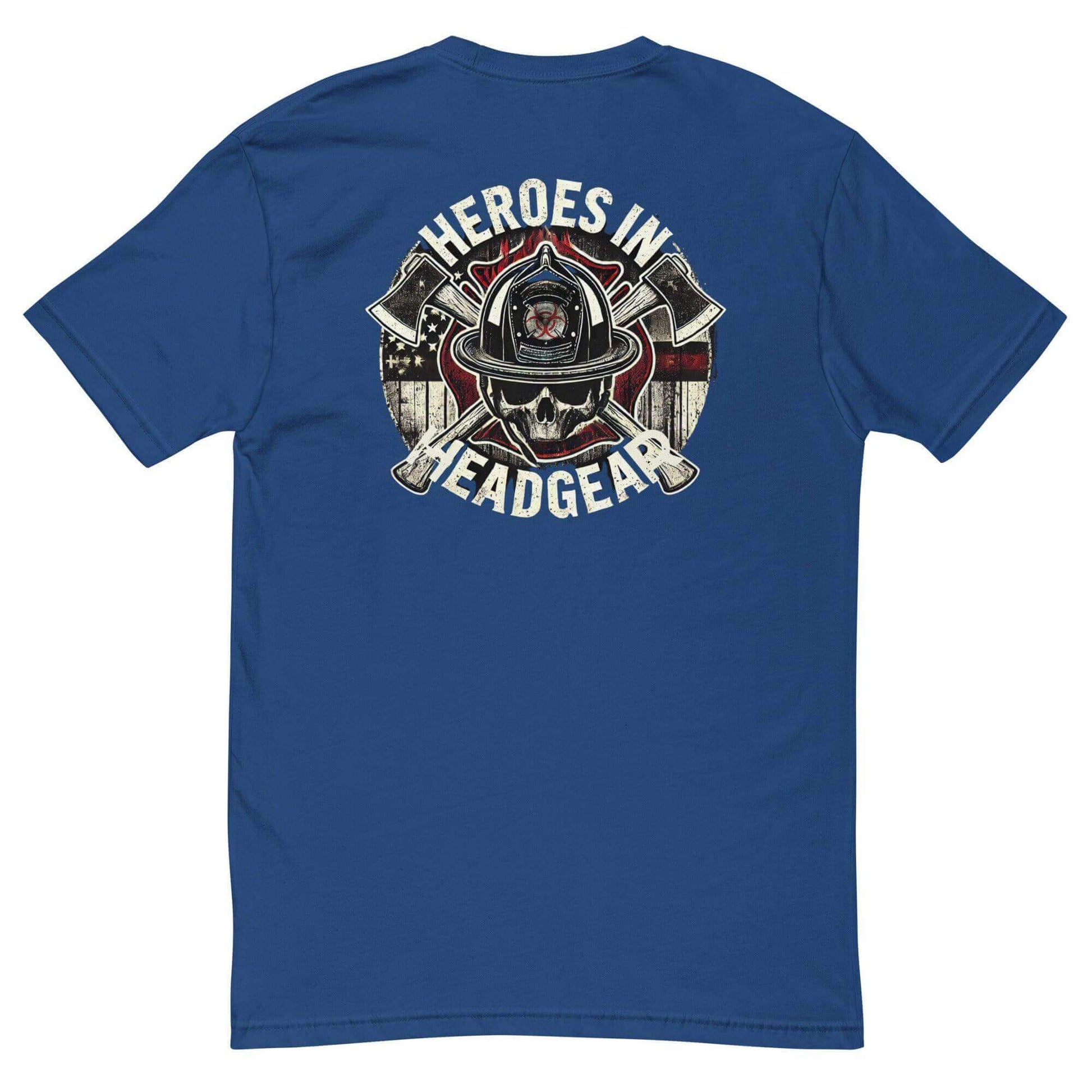 Blue short sleeve t-shirt featuring "Heroes in Headgear" graphic, celebrating firefighter spirit and gear.