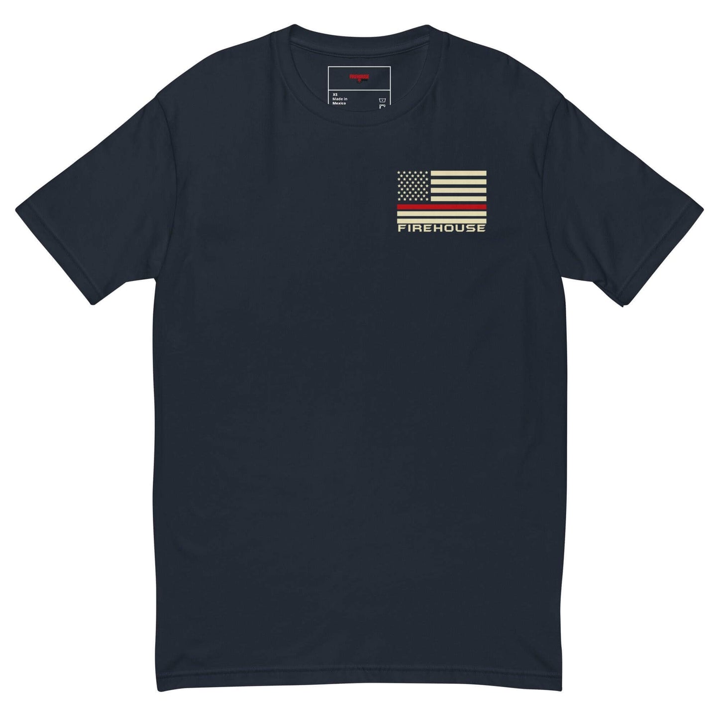 Short sleeve navy t-shirt with American flag and "FIREHOUSE" graphic, ideal for firefighter apparel and gifts.