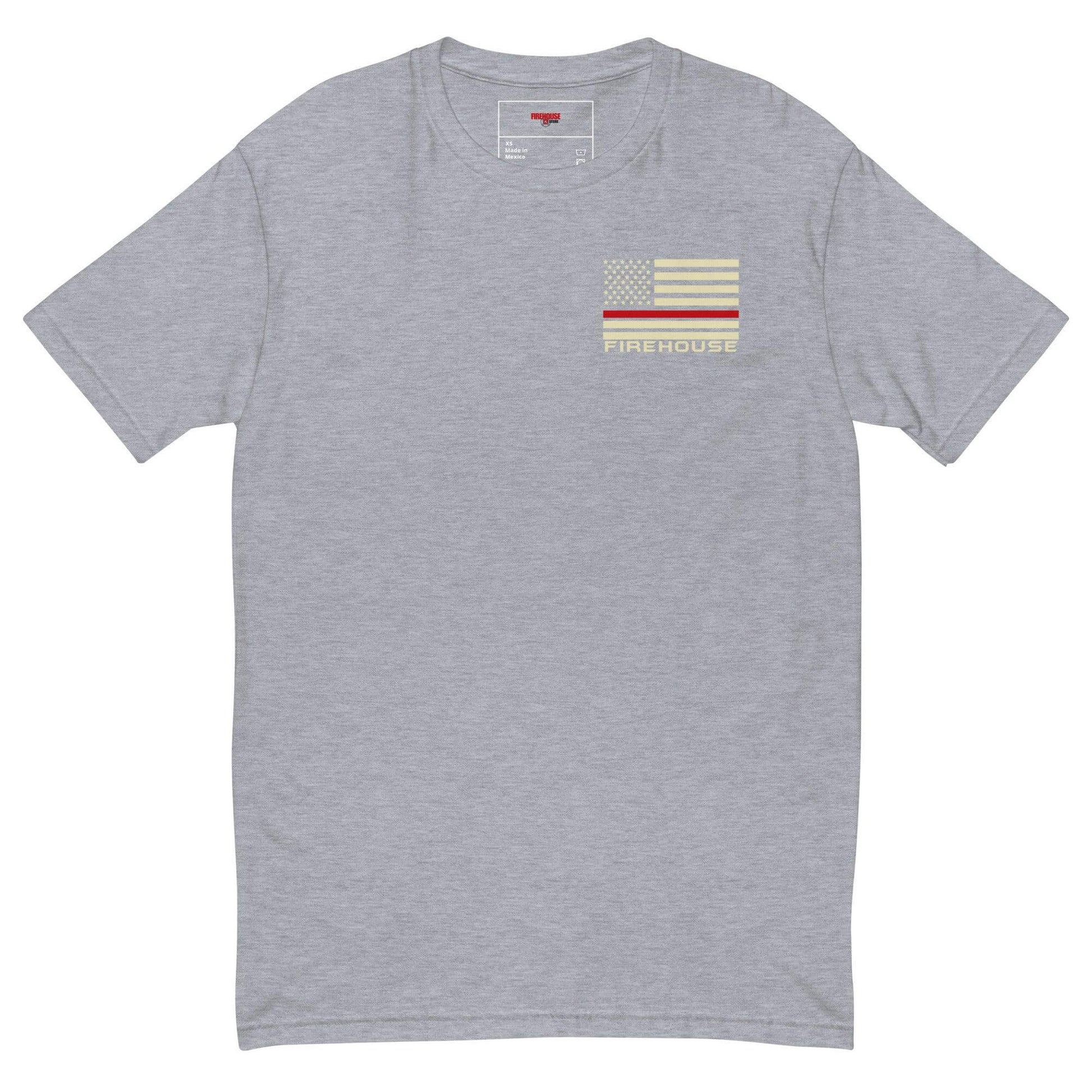 Short sleeve heather grey t-shirt featuring a firefighter flag and "FIREHOUSE" graphic, perfect for firefighter apparel.