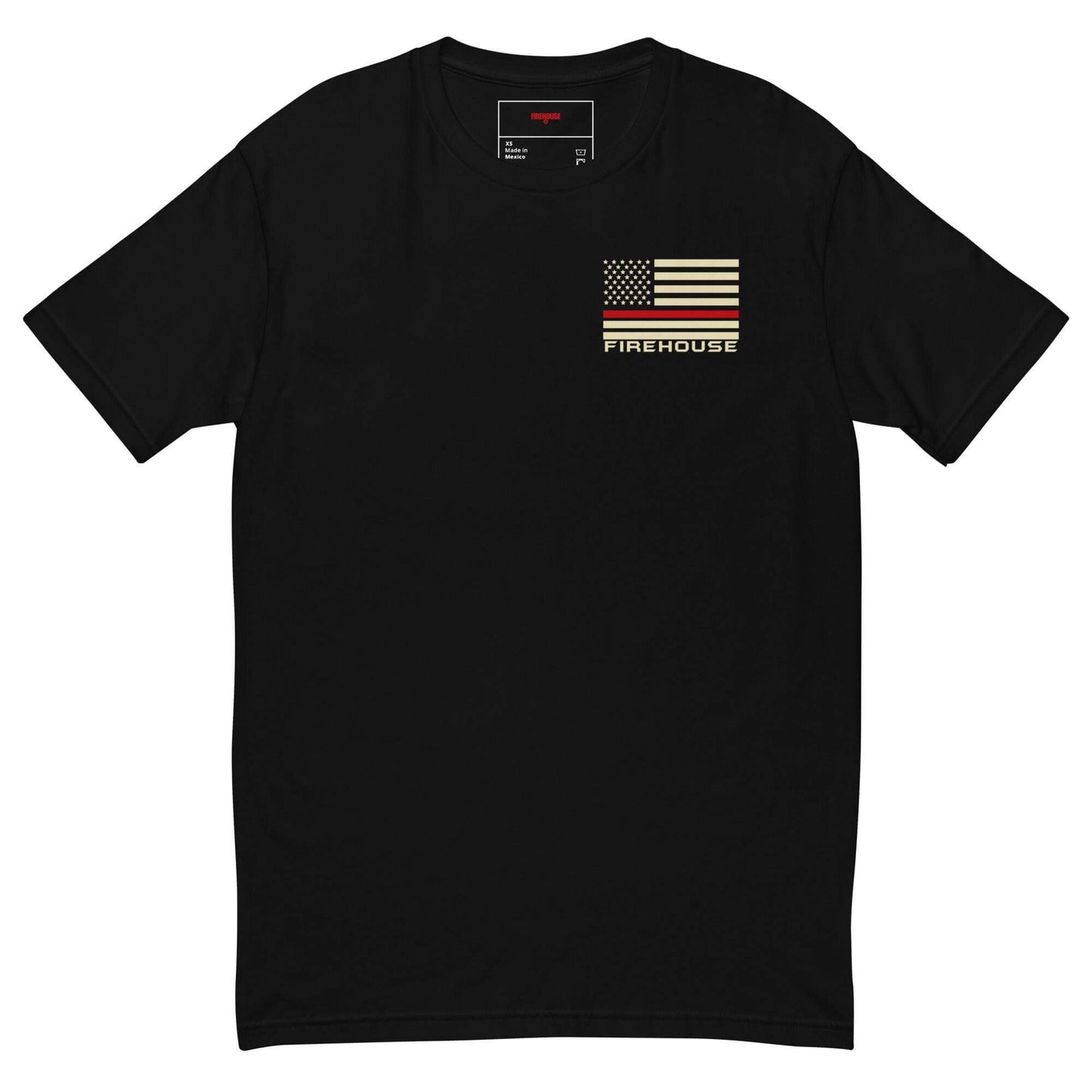 Black short sleeve t-shirt with American flag and "FIREHOUSE" text, ideal for firefighter apparel and gifts.