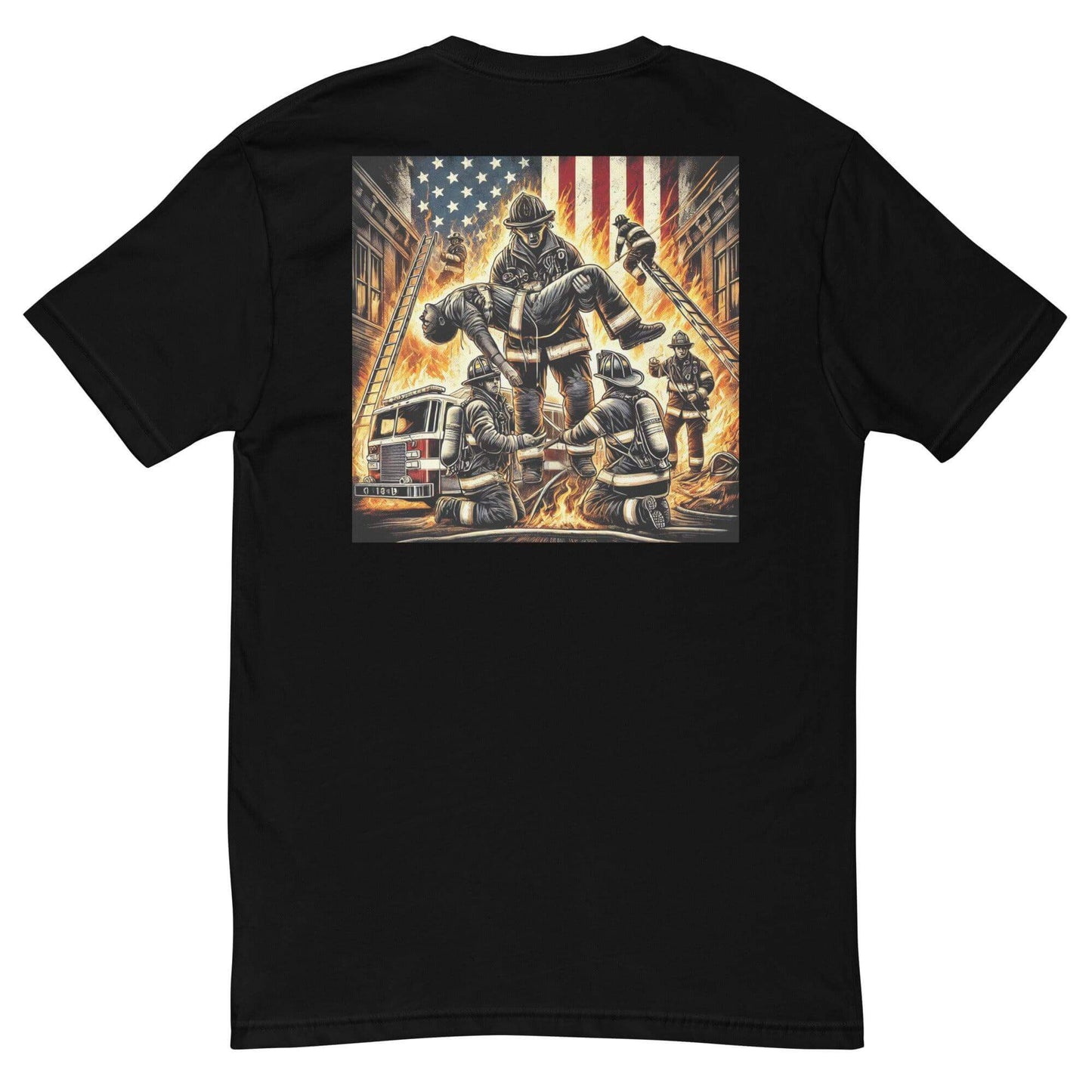 Firefighter graphic t-shirt featuring heroic firefighters, American flag background, perfect for firefighter gifts and apparel.