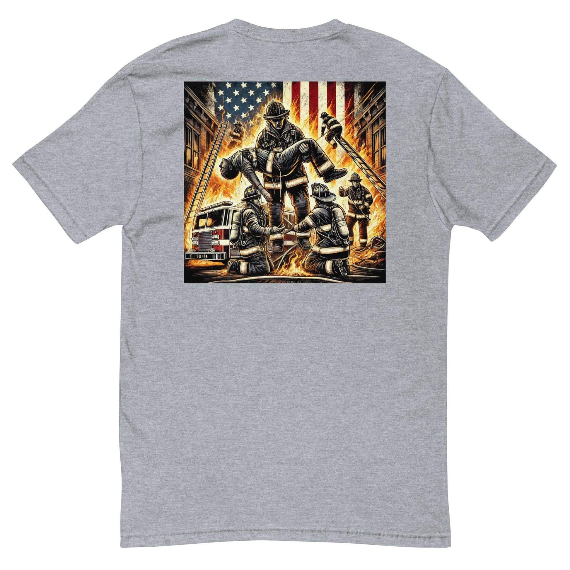 Short sleeve t-shirt featuring firefighter graphic with American flag and firehouse theme, perfect for firefighter apparel.