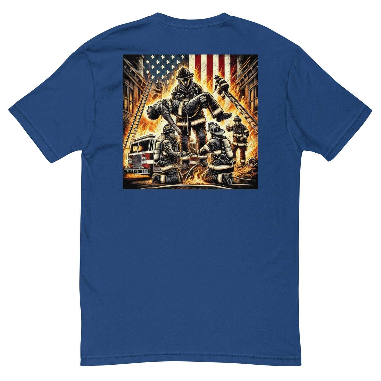 Graphic blue short sleeve t-shirt featuring firefighters in action with an American flag backdrop, perfect for firefighter gifts and apparel.