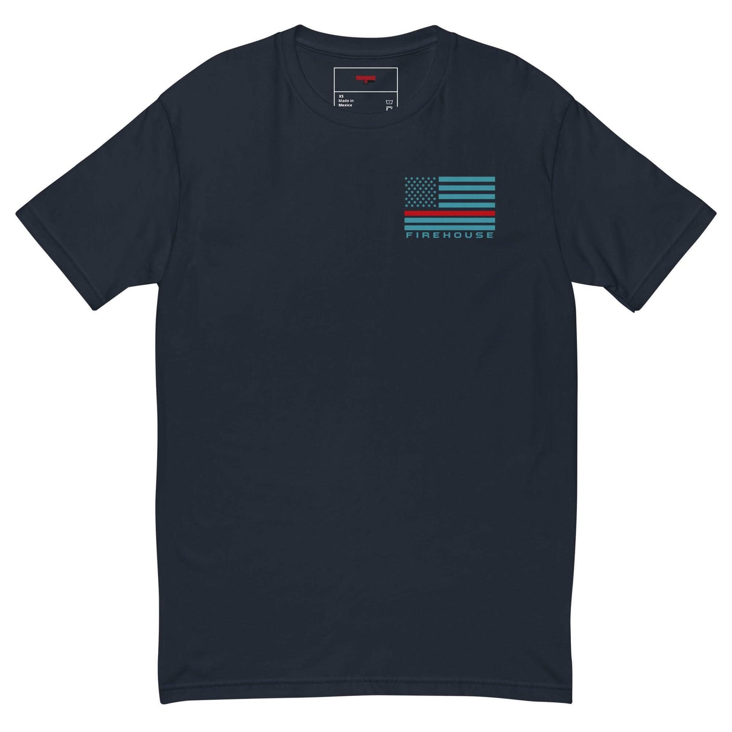 Short sleeve t-shirt featuring a blue and red firefighter flag graphic, perfect for firehouse gifts and firefighter apparel.