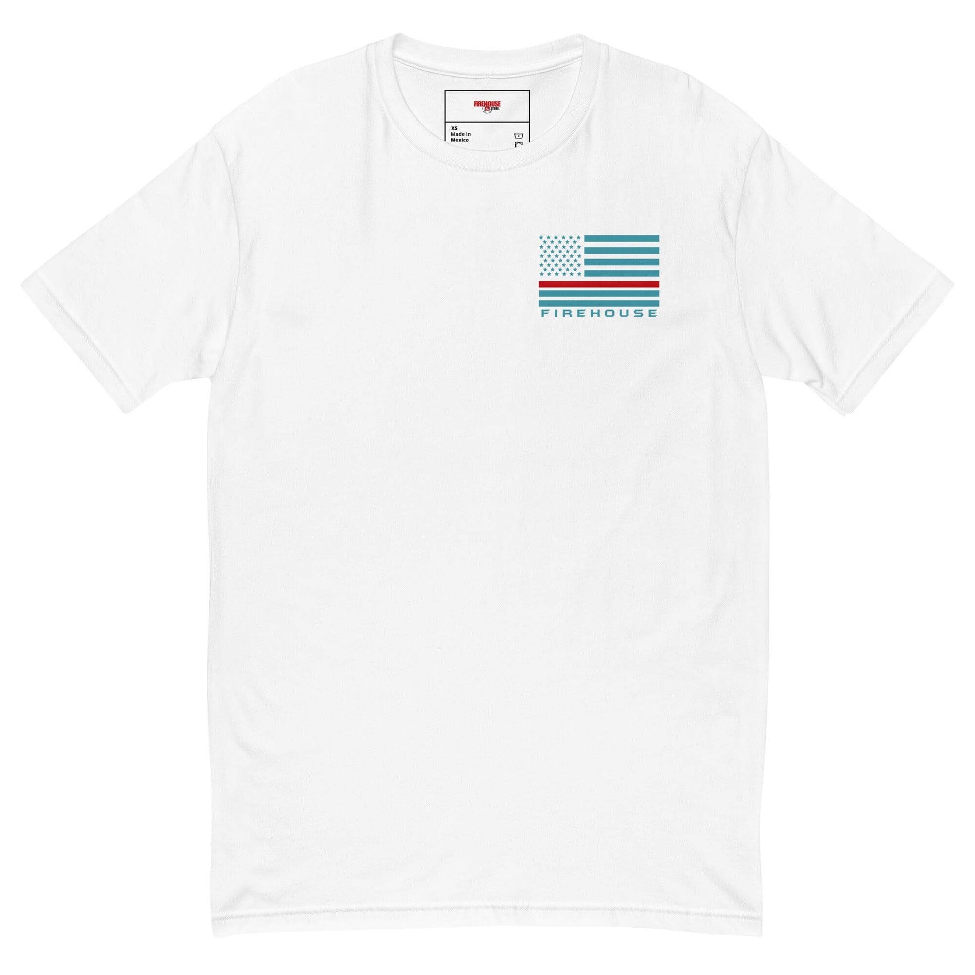 White short sleeve t-shirt featuring a firehouse graphic and American flag, perfect for firefighter apparel.