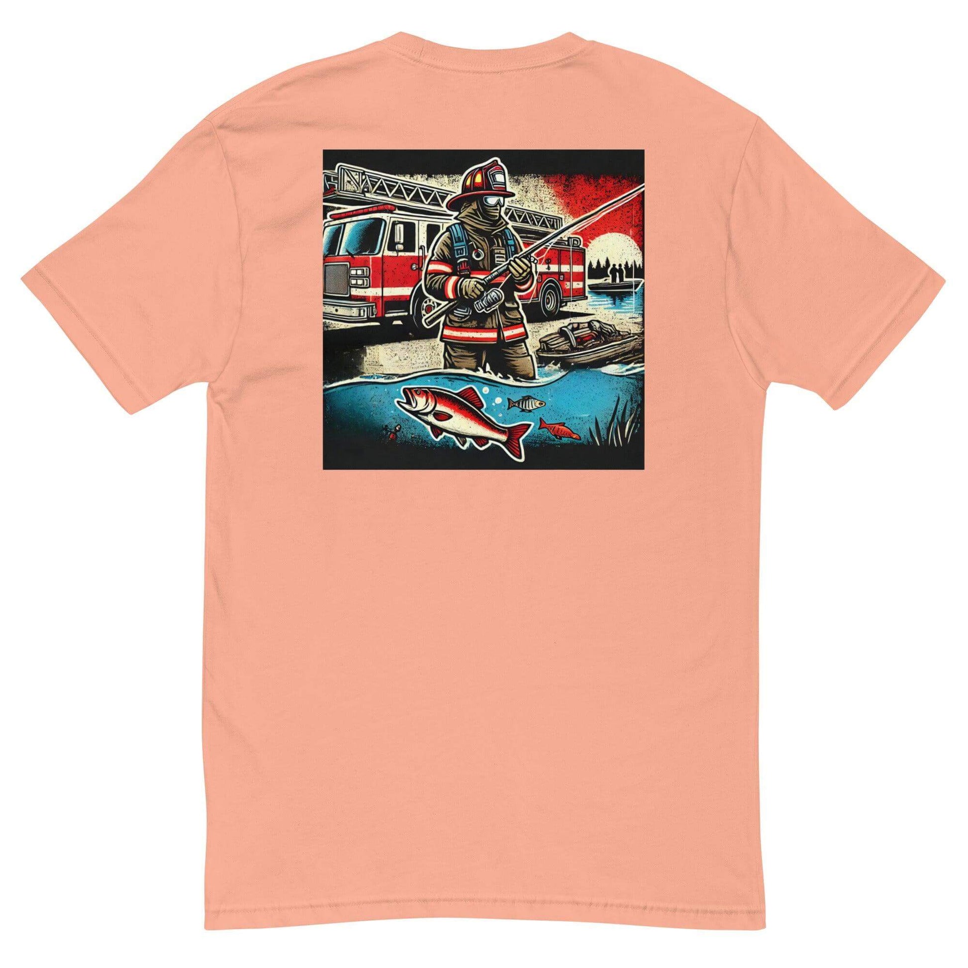 Firefighter t-shirt with graphic of firefighter fishing by a fire truck, perfect for firefighter gifts and apparel.