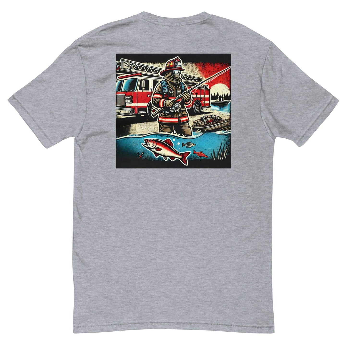 Short sleeve firefighter t-shirt with colorful graphic of a firefighter fishing by a firetruck, ideal for firefighter gifts and apparel.