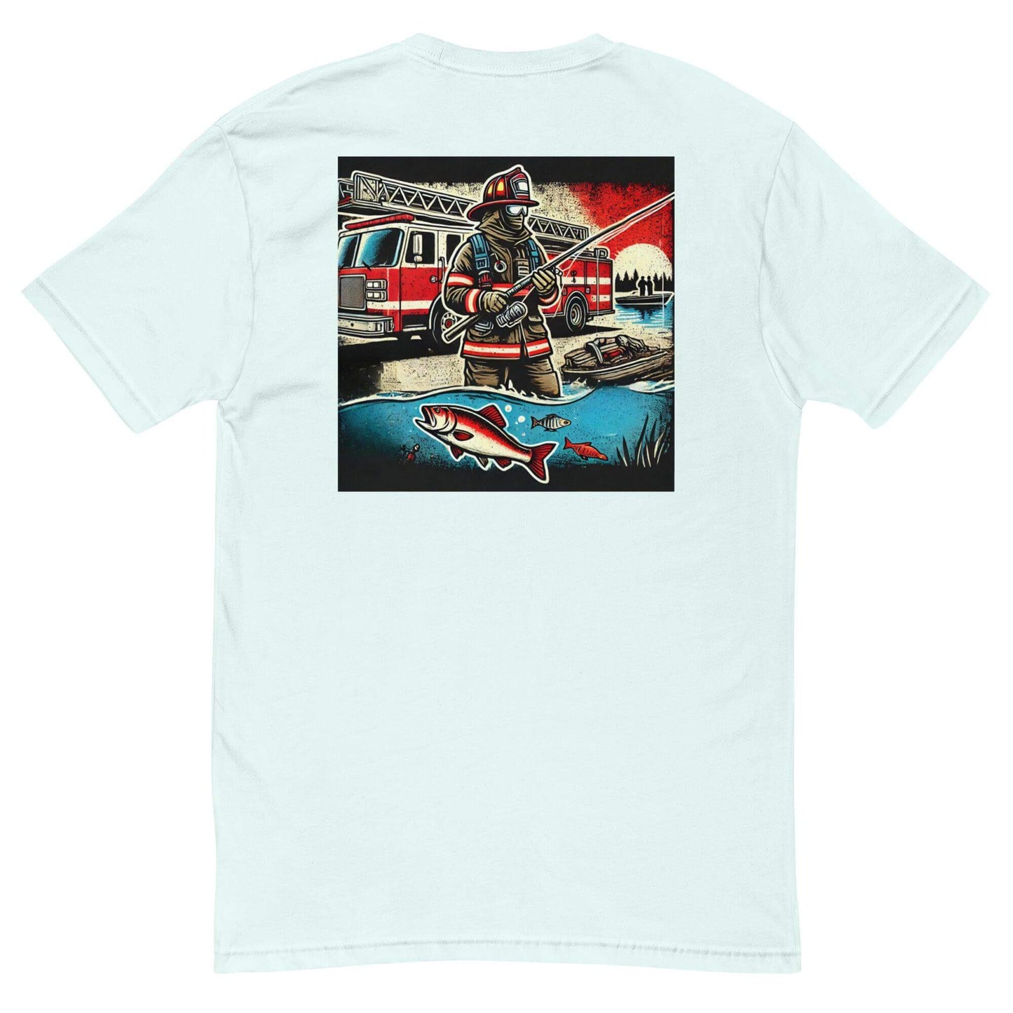 Firefighter fishing graphic t-shirt with vibrant artwork featuring a fire truck and fish on a light background.