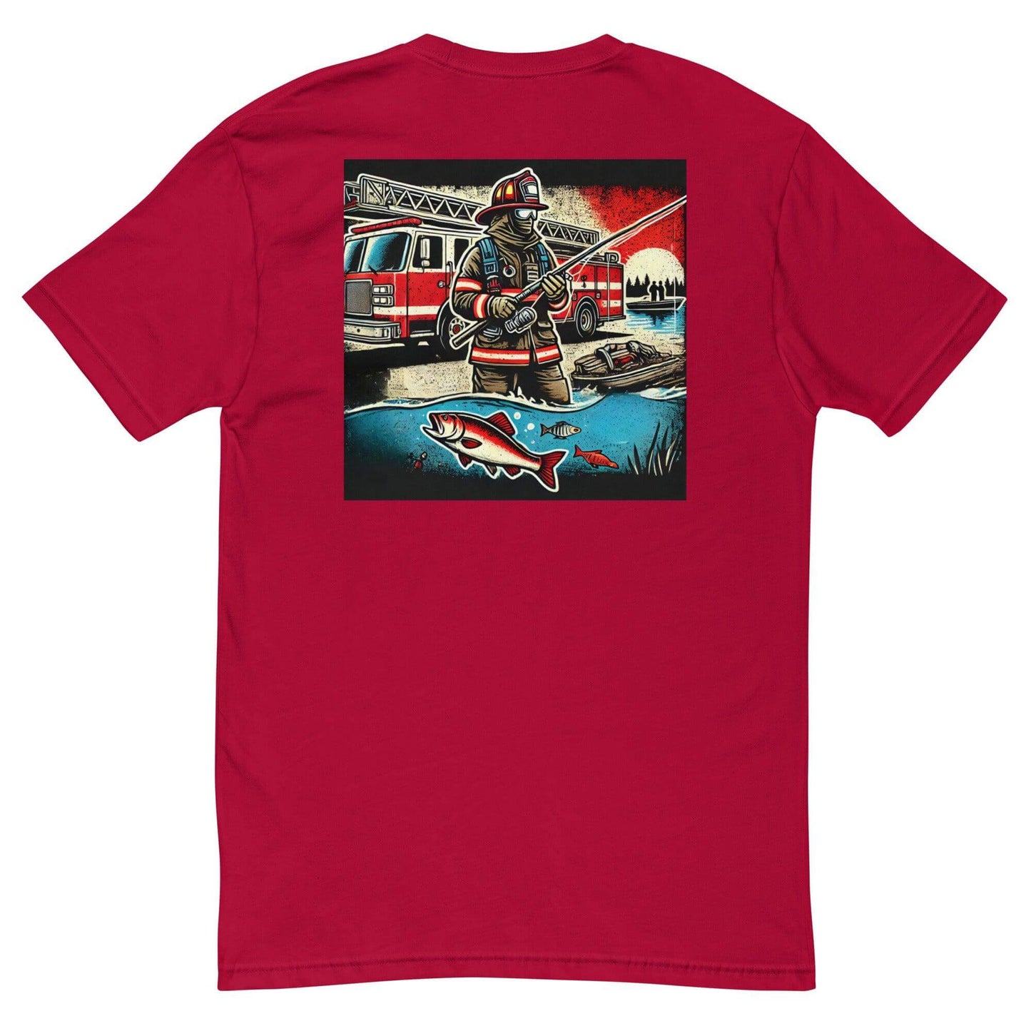 Red short sleeve t-shirt featuring a firefighter fishing graphic, ideal for firefighter apparel and gifts.