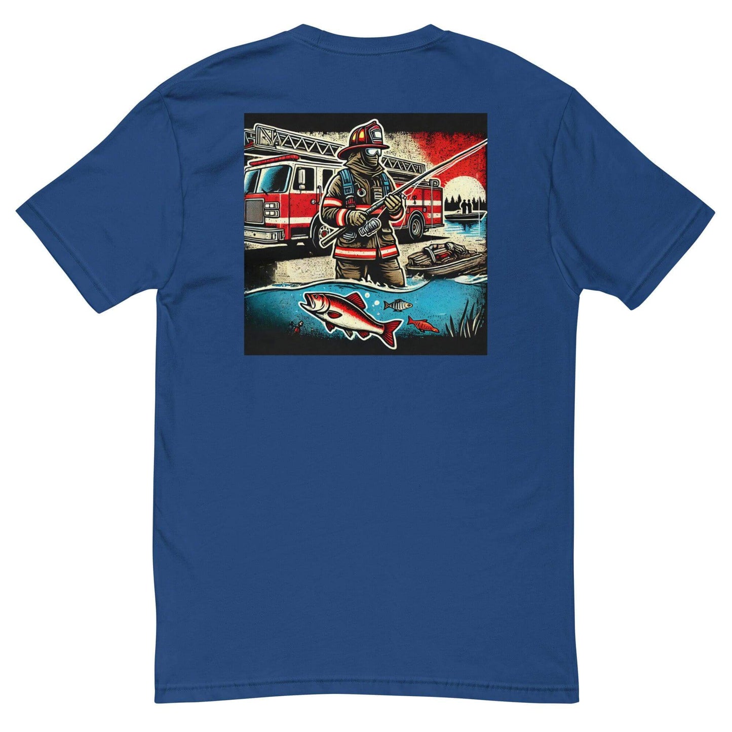 Firefighter fishing graphic on the back of a blue short sleeve t-shirt, ideal for firefighter gifts and apparel.