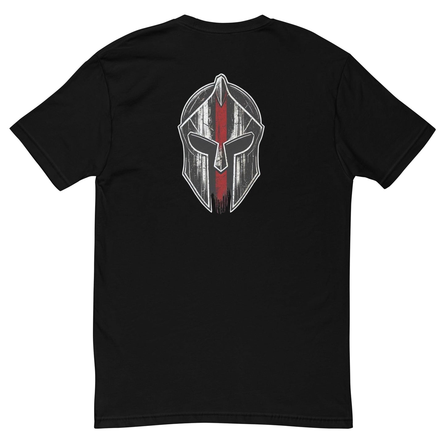 Black t-shirt featuring a distressed Spartan helmet graphic on the back for firefighters and public safety enthusiasts.