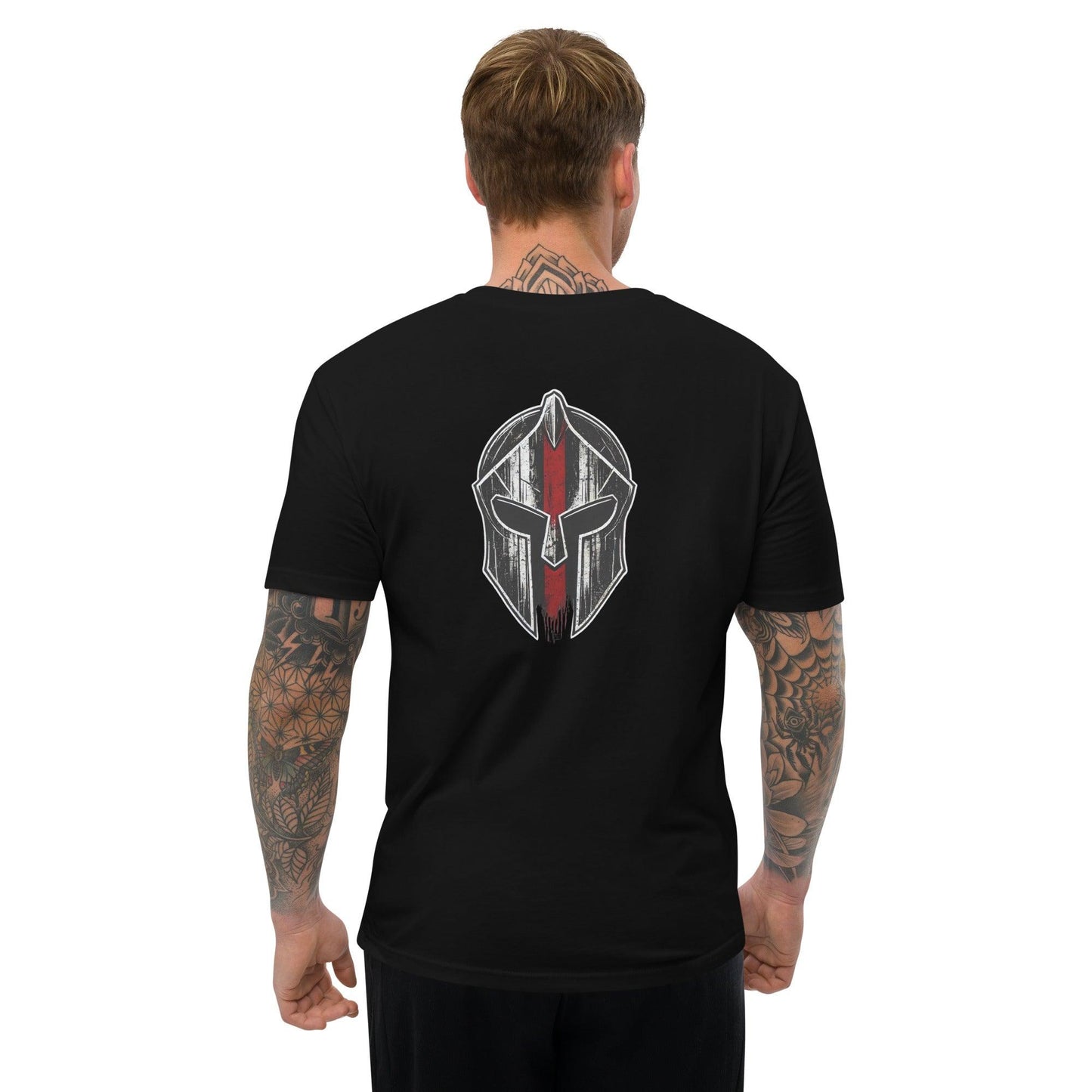 Black short sleeve t-shirt featuring a bold gladiator helmet print on the back, perfect for casual wear.